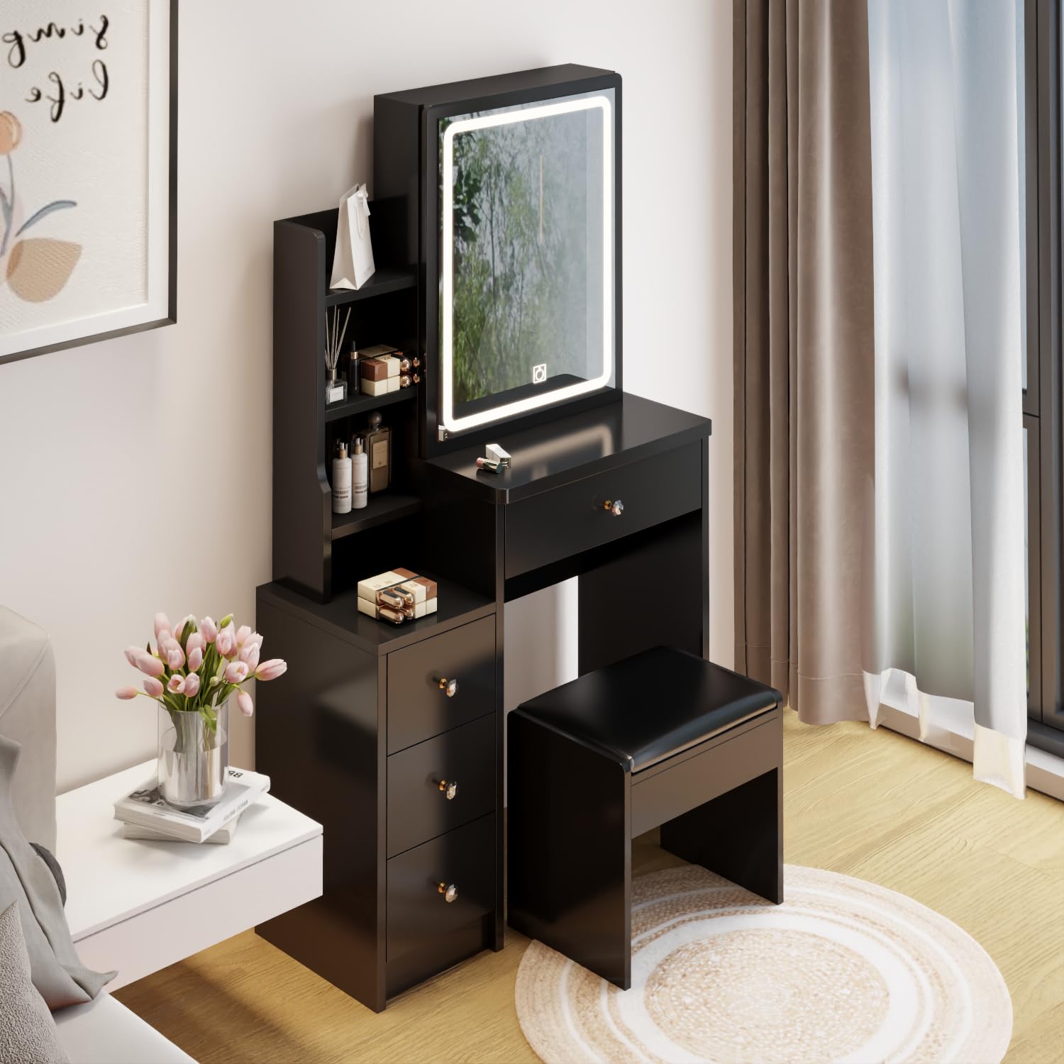 Elegant Black Vanity Desk with LED Mirror & Cushioned Stool - Touch Control, Tri-Color Lighting, Adjustable Brightness - Perfect for Makeup, Skincare & Dressing Room Organization (Large Sliding Drawer)