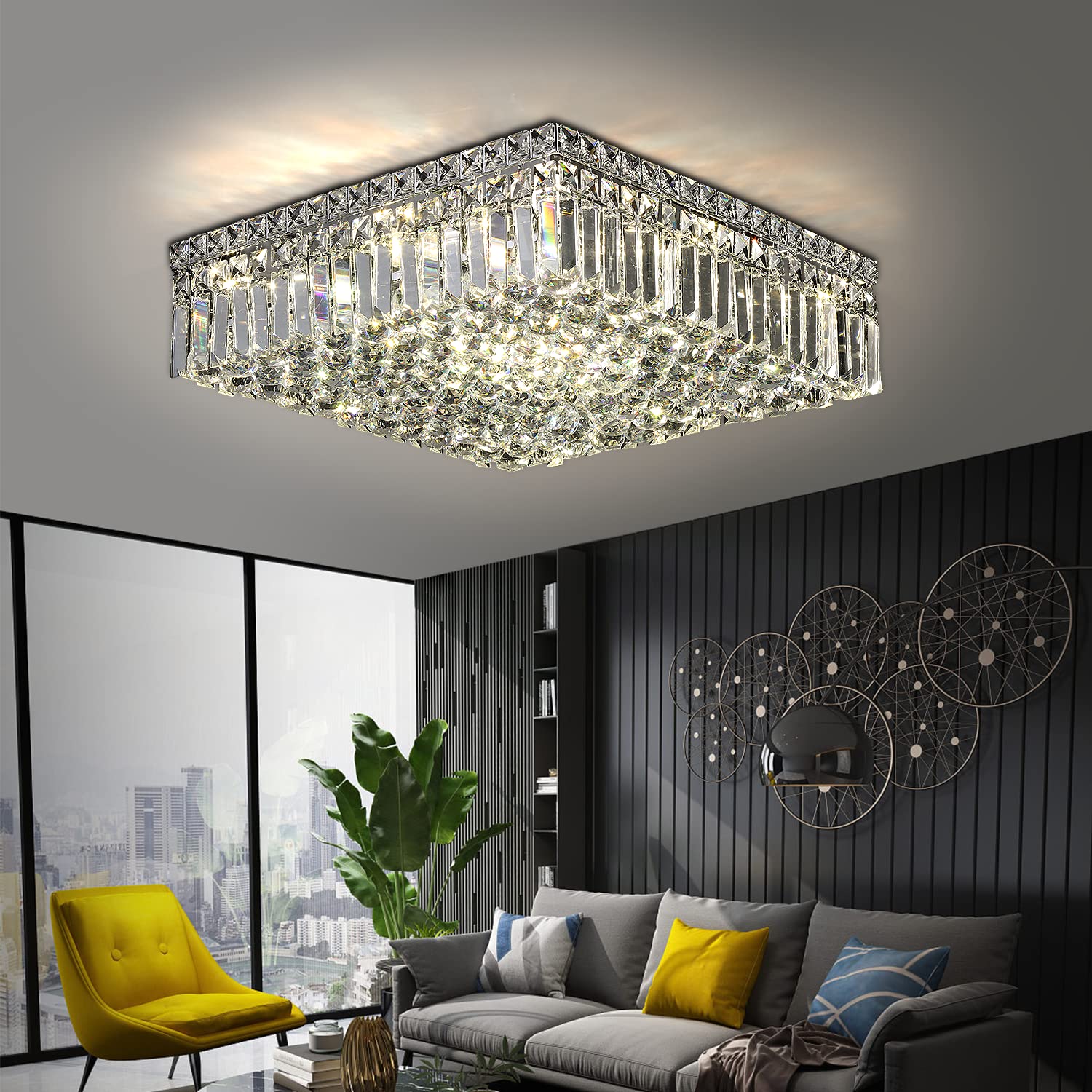 12-Lights Modern Flush Mount Ceiling Light Fixture - Elegant Crystal Chandelier for Bedroom, Living Room, Dining Room - Square LED Pendant Lamp (20