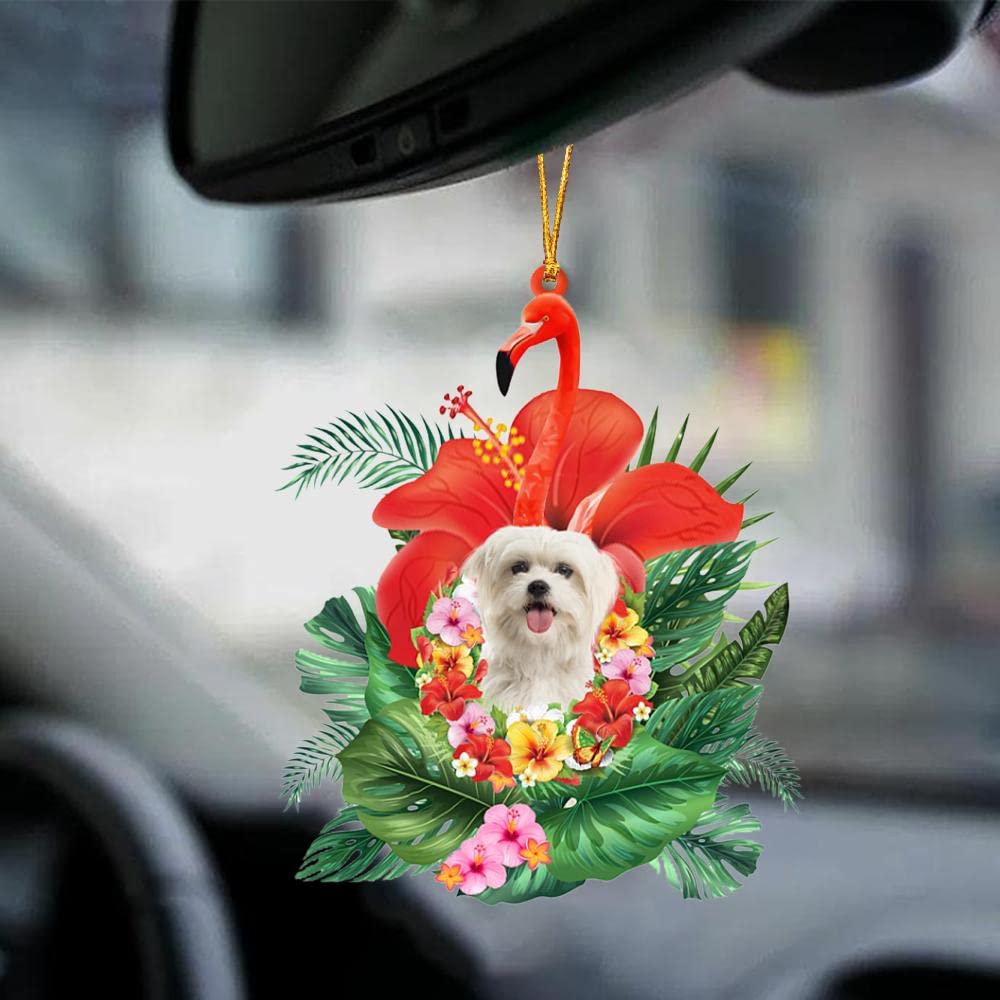 2-Sided Car Hanging Ornament for Maltese Dog Lovers - Flamingo & Flower Design, Perfect Gift for Dog Moms | Cute Car Decor Accessory for Windows & Rearview Mirror | Ideal for Maltese Owners & Pet Lovers