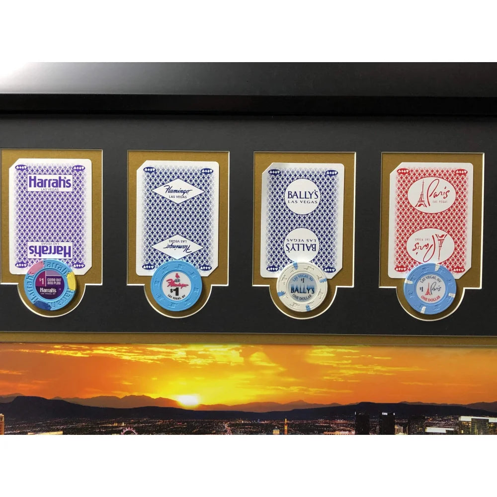 Authentic Las Vegas Hotel Casino Playing Cards & Poker Chips Collage - Framed Wall Art for Game Room Decor (Set of 10) - Perfect for Poker Lovers, Man Cave, and Casino Themed Home Decor