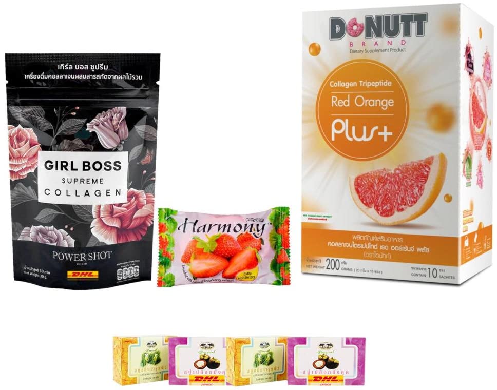 Premium B-4986 Girl Boss Supreme Collagen Dipeptide & Tripeptide Supplement - Orange Flavor Donut Chews | Anti-Aging Skin Care | DHL Express Shipping by ThaiGiftShop | Free Tomato Facial Mask Included | Perfect for Busy Women & Travel Skincare