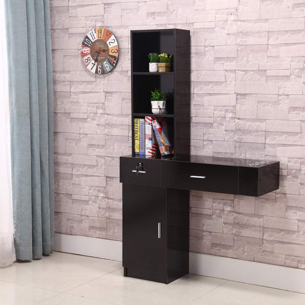 **Wall Mount Barber Station Storage Cabinet - Lockable Drawer with 3 Hair Dryer Holders, Salon Equipment for Hair Styling & Spa (Black) - Perfect for Home & Professional Beauty Salons**