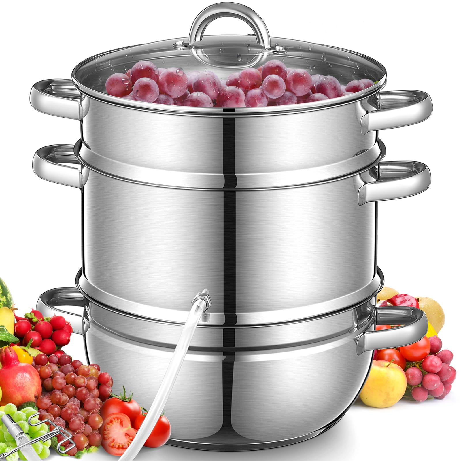 FOHERE 11Qt Stainless Steel Steam Juicer Extractor - Fruit & Vegetable Juice Steamer Pot with Glass Lid, Hose & Clamp - Perfect for Fresh Juice, Jelly, Sauces - Great for Home Canning, Preserves & Healthy Drinks