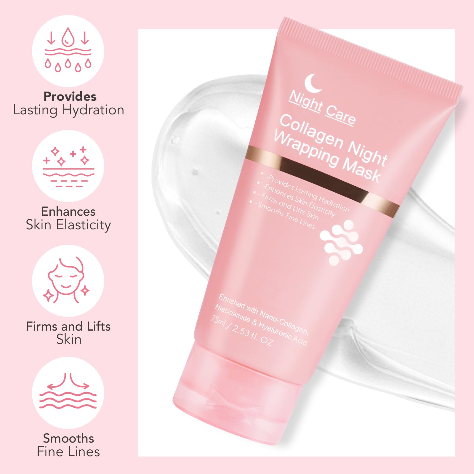 Collagen Night Wrapping Mask | Overnight Hydrating Peel Off Face Mask for Skin Firming & Elasticity Boost | 2.54 fl.oz with Brush Included | Perfect for Nighttime Skincare Routine & Anti-Aging Treatment