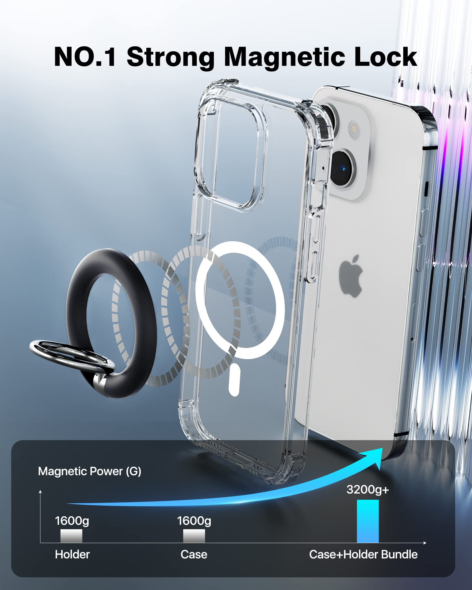 iPhone 14 Clear Magnetic Case with Military-Grade Protection | MagSafe Compatible | Built-in Finger Ring Grip & Stand Holder | Midnight Black | Perfect for Hands-Free Viewing & Secure Grip