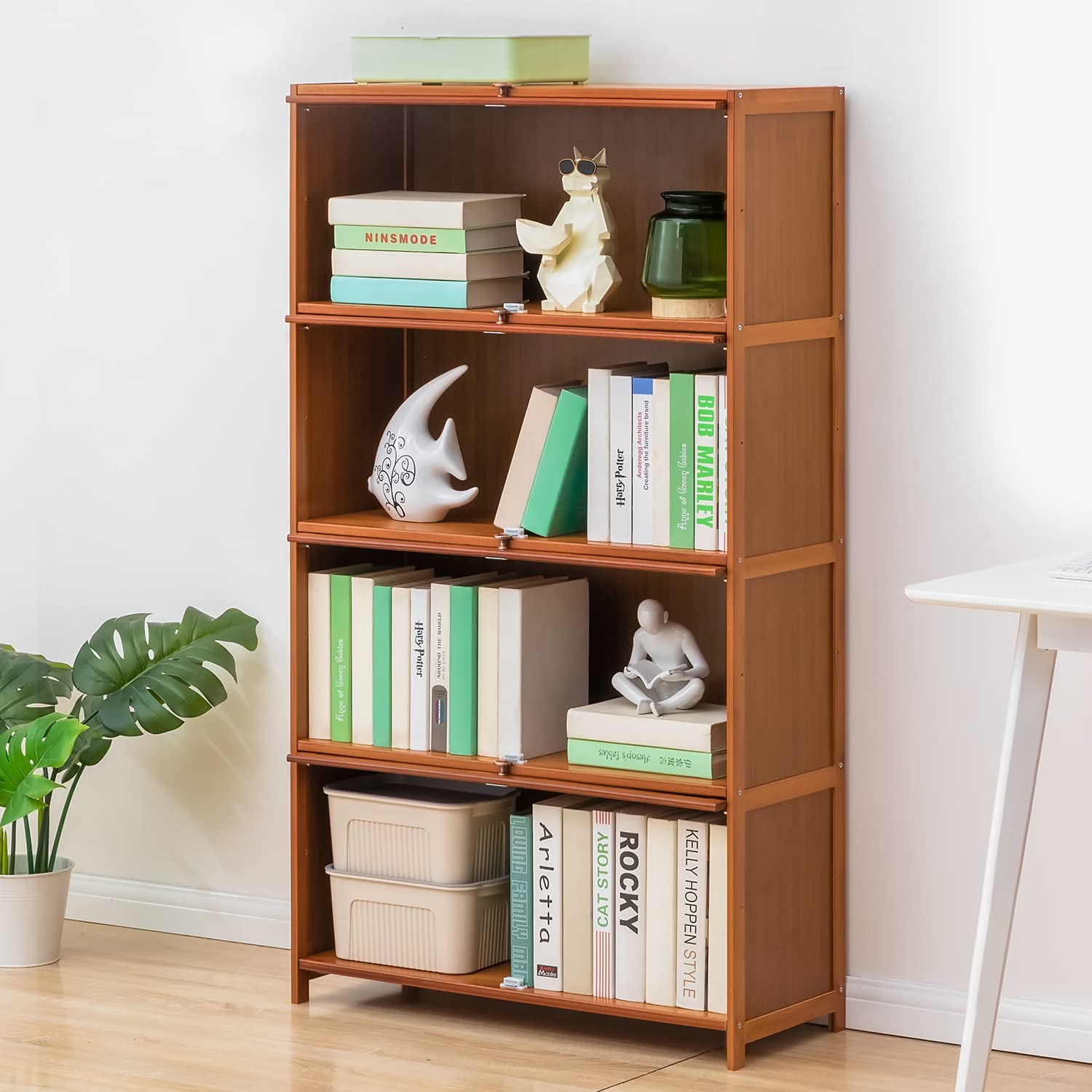 MoNiBloom 4-Tier Acrylic Door Bamboo Bookcase - Space-Saving Display Shelf & Organizer for Kids, Students, Bedroom, Home & Office (Brown) | Perfect for Storing Books, Toys, Decor & Office Supplies