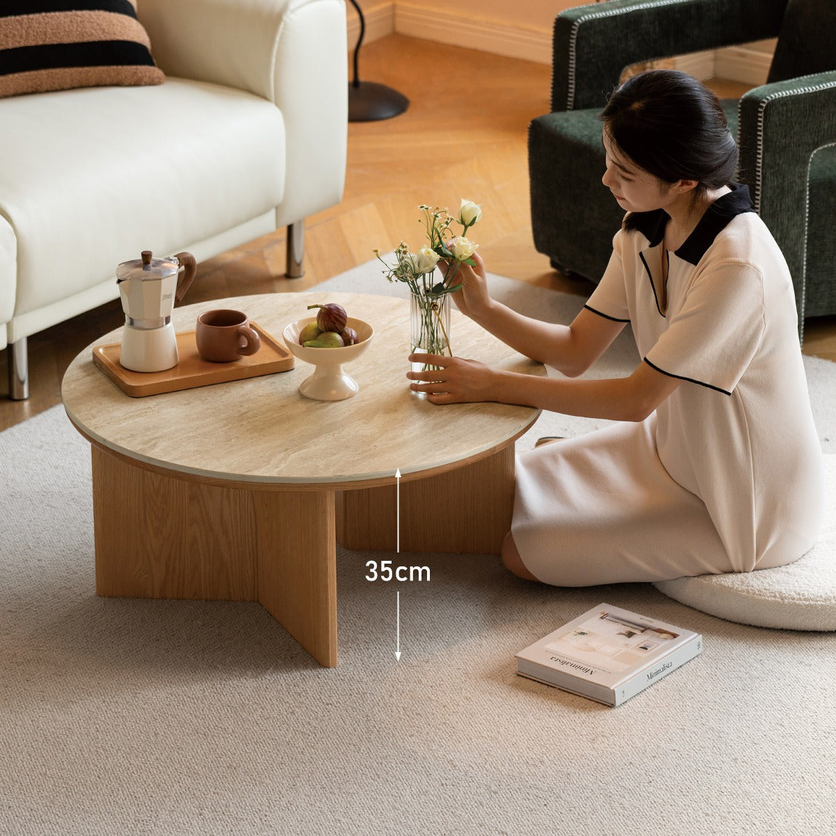 Solid Oak Wood Travertine Coffee Table - Rustic Modern Living Room Furniture for Home Decor & Lounge Use