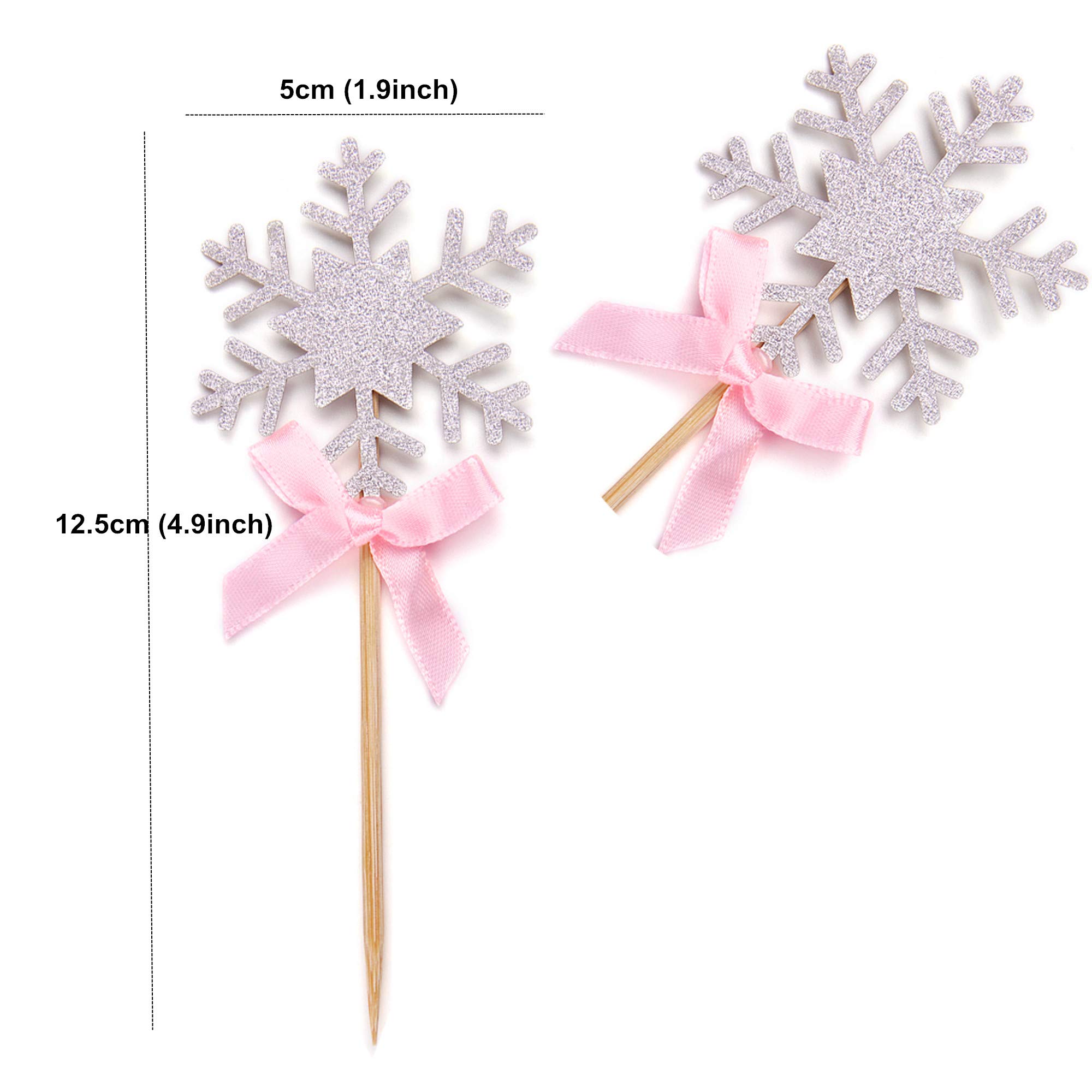 48pcs Frozen Snowflake Cupcake Toppers with Pink Bows - Premium Cake Decorating Supplies for Birthday Parties, Baby Showers & Winter Themed Events