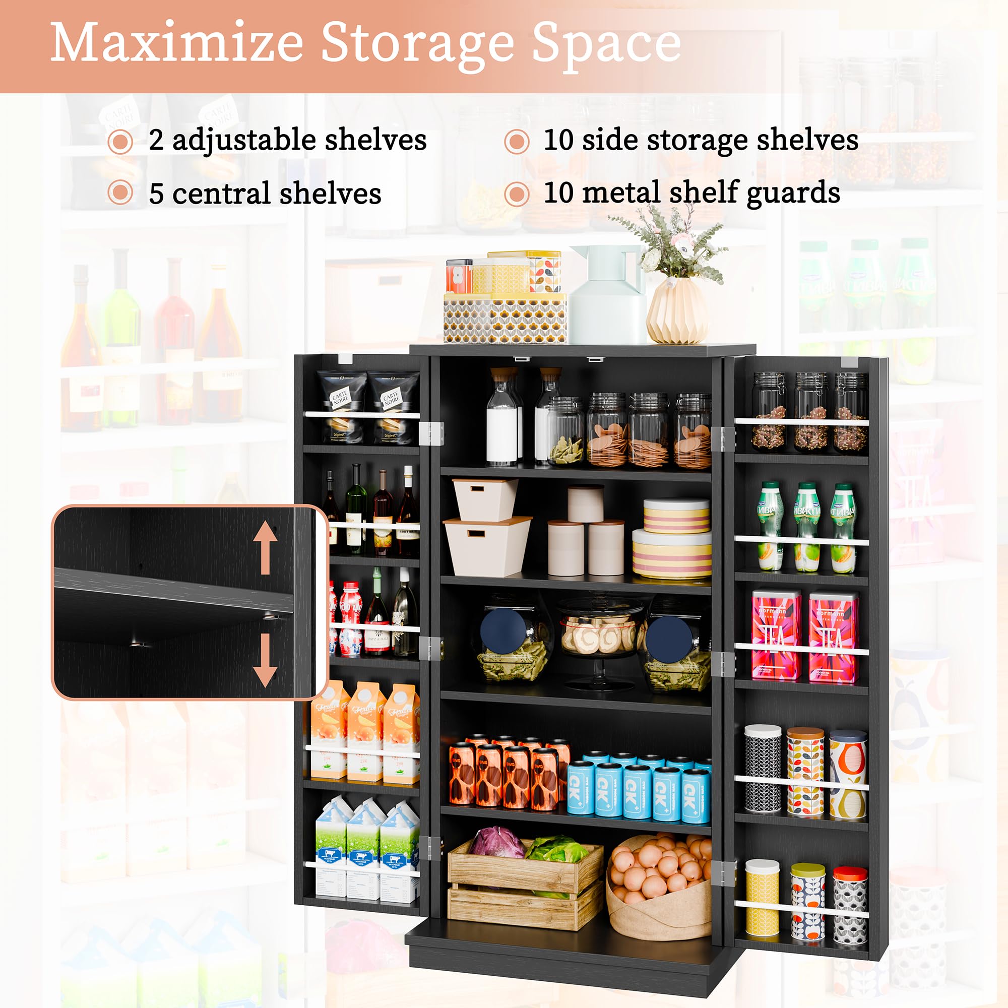 Meilocar 47-Inch Wooden Pantry Cabinet with Adjustable Shelves & Doors - Freestanding Kitchen Storage Cupboard for Pantry, Living Room, Dining Room & Office (Black) | Perfect for Organizing Food, Dishes & Home Essentials