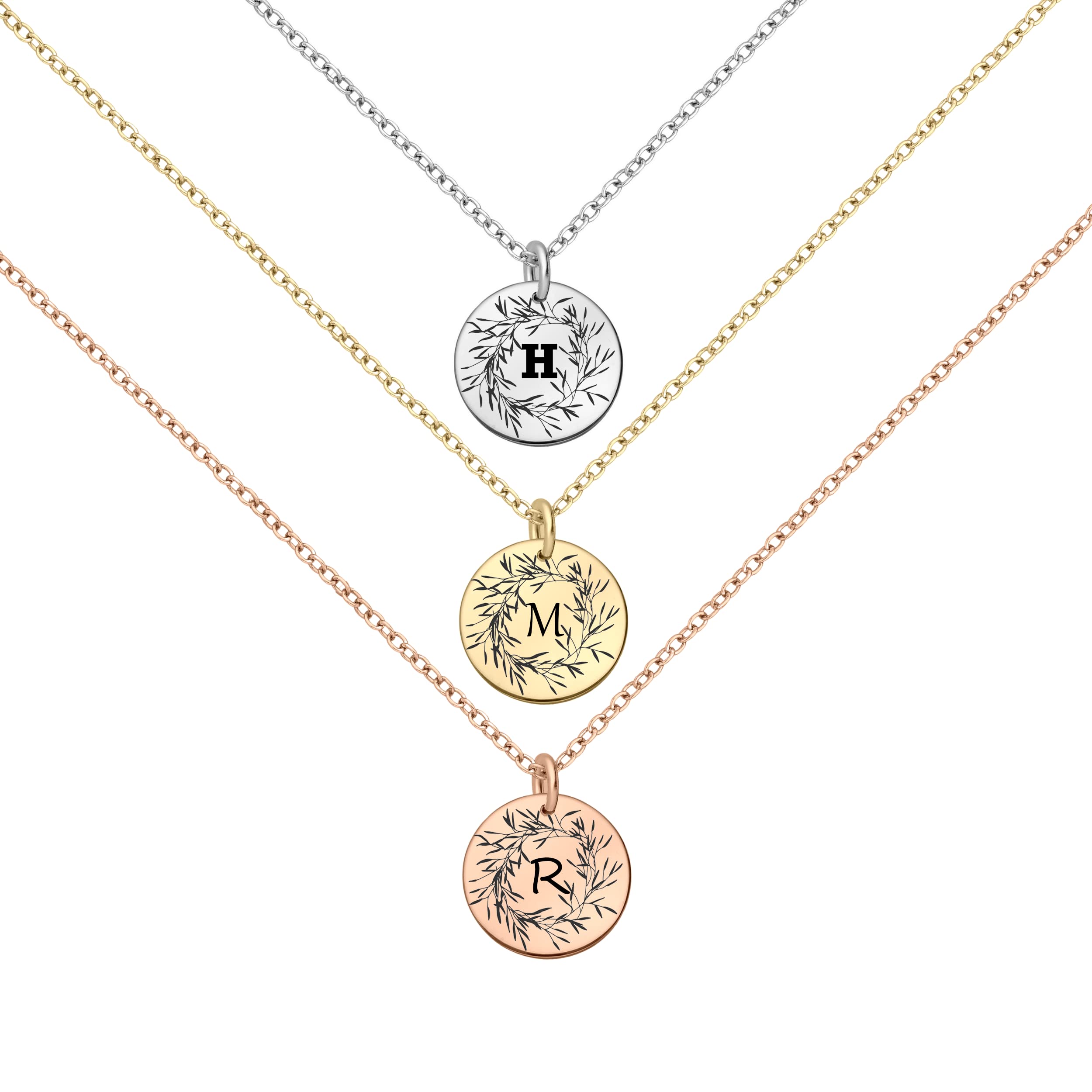 Personalized Engraved Round Disc Necklace - 14K Gold Filled, Silver or Rose Gold Pendant | Custom Initial Necklace for Women with Olive Wreath Design | 18 Inch Chain | Perfect Birthday Gift, Anniversary Present & Everyday Jewelry for Her