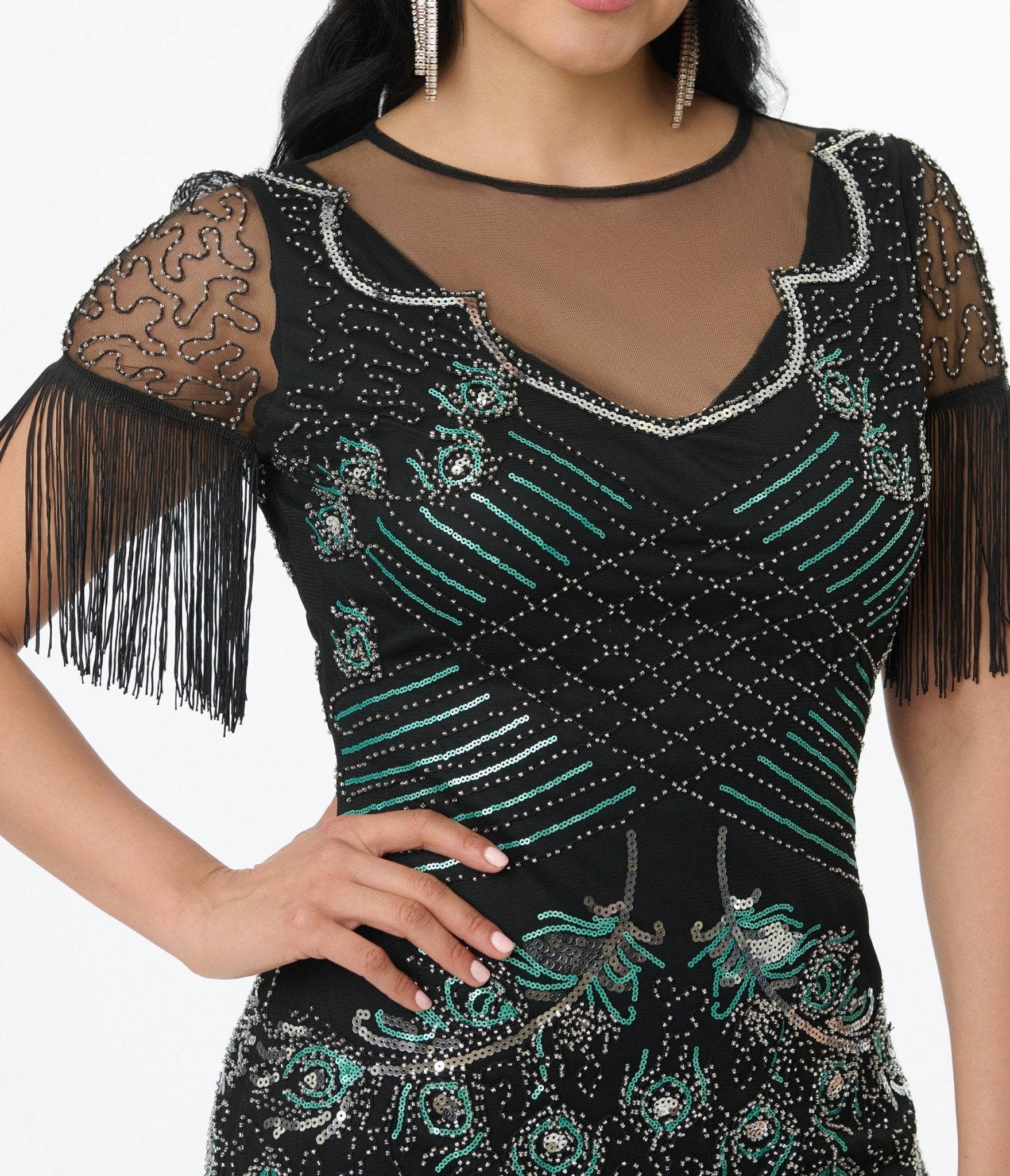 Vintage Black & Teal Peacock Beaded Flapper Dress with Fringe - 1920s Gatsby Party Costume, Roaring 20s Theme Outfit, Burlesque Show or Vintage Wedding Guest Dress