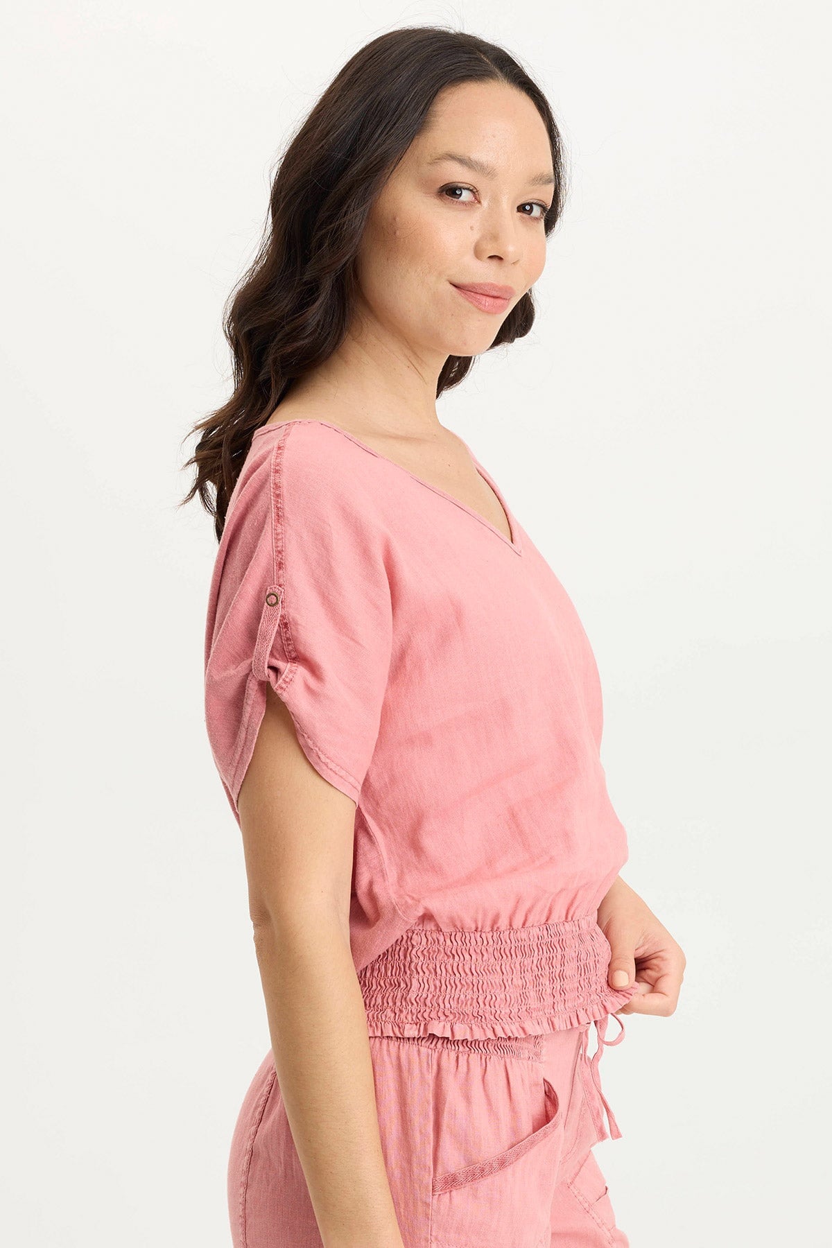 Oko Linen Jersey Cinched Hem T-Shirt - Women's Casual Blouse for Summer, Beach & Everyday Wear