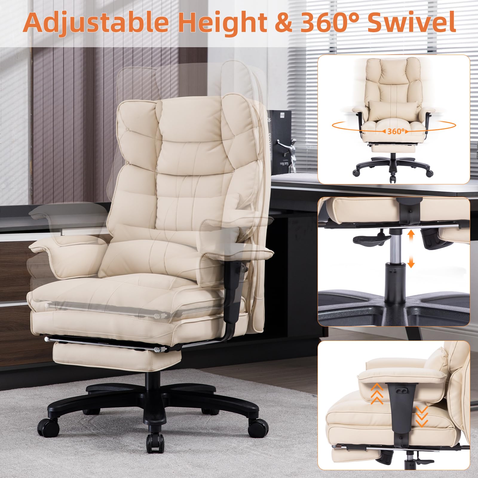 Big and Tall Office Chair 500lbs Capacity - Wide Seat Executive Desk Chair with High Back, Footrest & Ergonomic Lumbar Support - Leather Computer Gaming Chair for Heavy People - Perfect for Home Office, Gaming Setup and Professional Workspaces