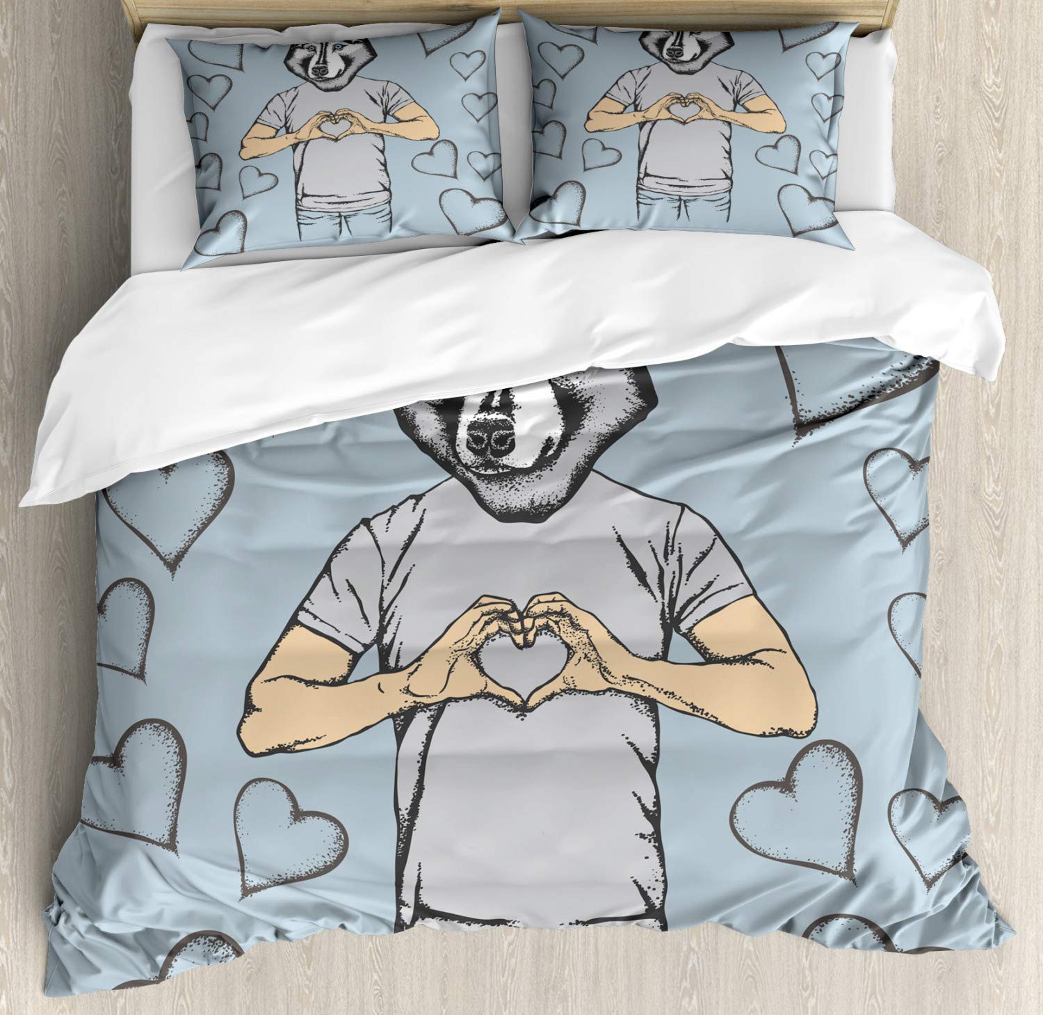 Ambesonne Modern Husky Dog Valentine's Day Duvet Cover Set - Romantic Love Design with Hearts, 2-Pack Queen Size Bedding Set Includes 2 Duvet Covers & 4 Pillowcases in Sand Brown & Slate Blue - Perfect for Couples' Bedroom, Valentine's Gift & Dog Lovers
