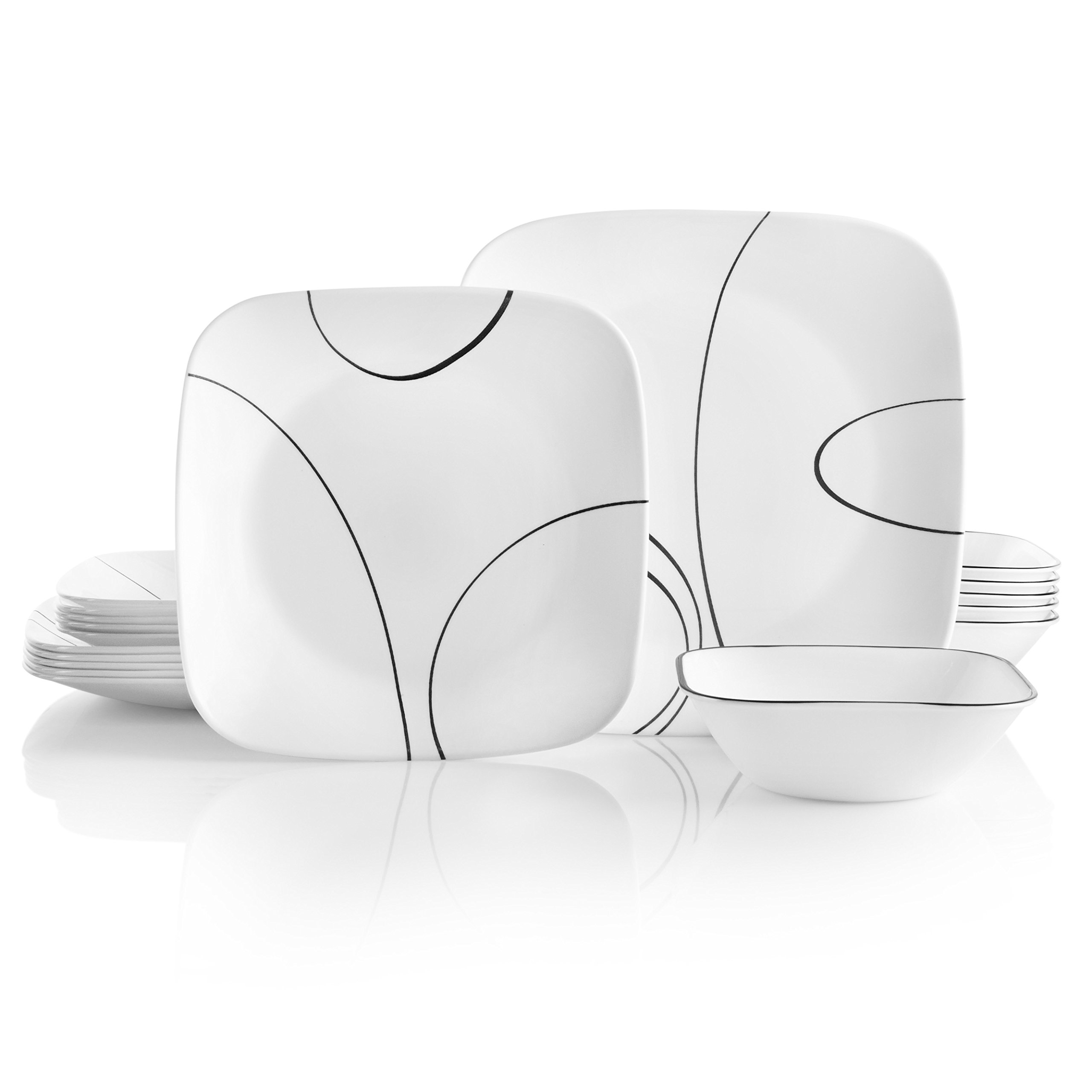Corelle 18-Piece Dinnerware Set for 6 - Triple Layer Chip Resistant Glass Plates & Bowls - Lightweight Square Dishes - Modern Simple Line Design - Perfect for Everyday Meals, Family Dinners & Entertaining Guests