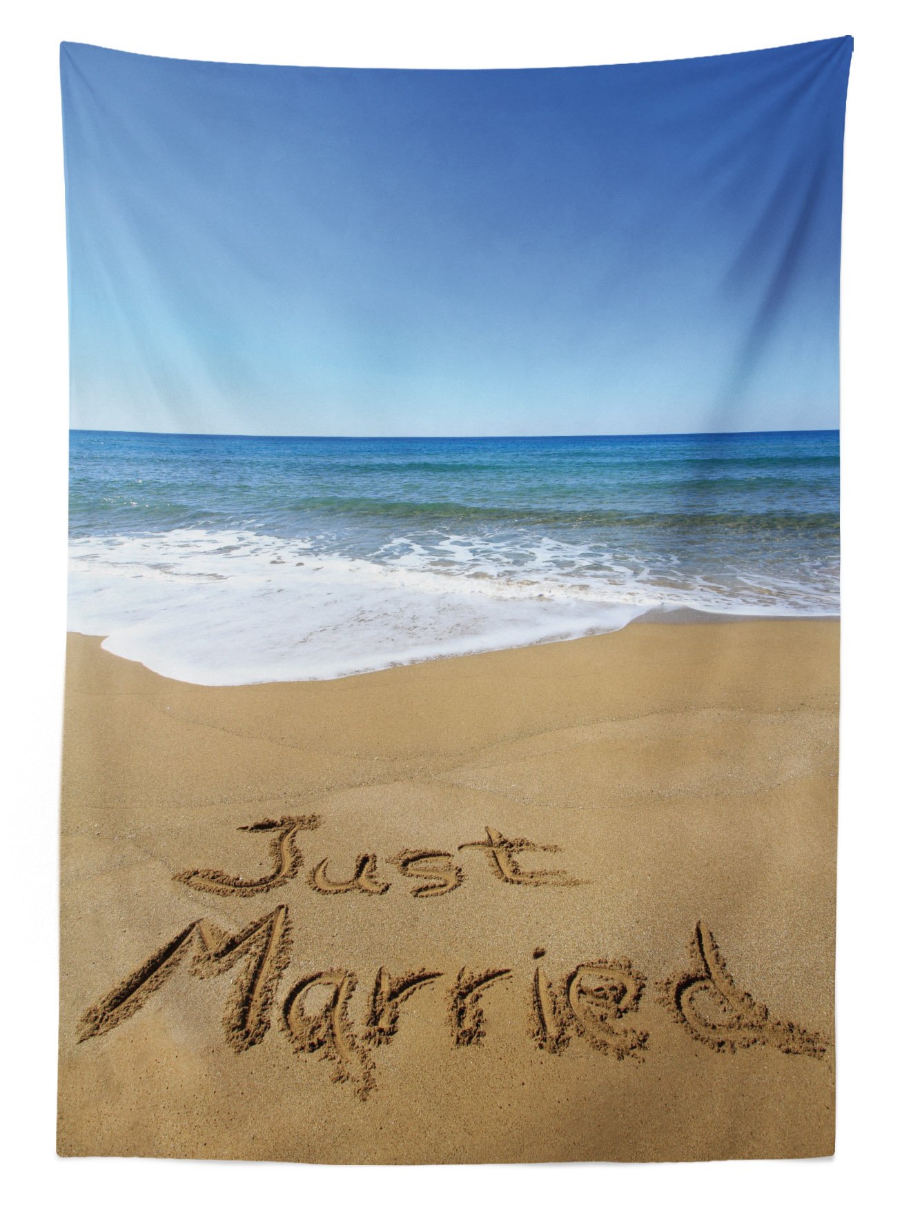 Ambesonne Wedding Tablecloth - Just Married Beach Ocean Waves Design, Washable Picnic Table Cover 58x104 Inches - Blue Brown White for Outdoor Celebrations, Romantic Photo Backdrops & Party Decorations