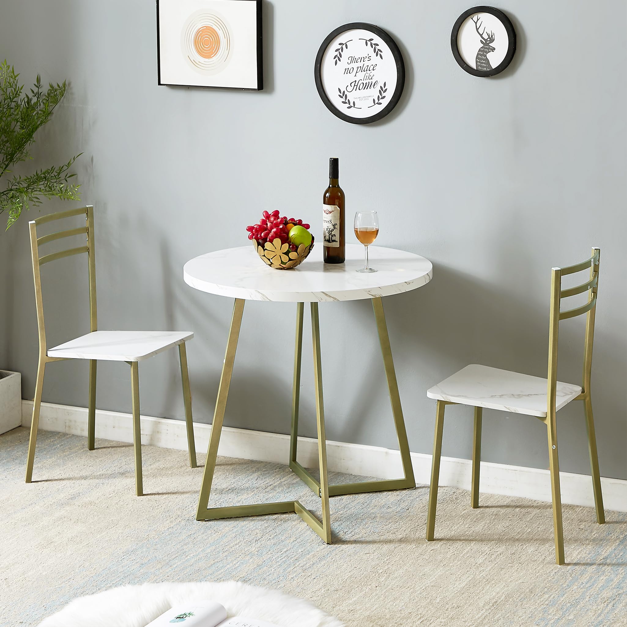 VECELO 2-Person Small Round Dining Table Set with Wood Tabletop & Sturdy Metal Frame - Modern Kitchen Dinette, Breakfast Nook & Living Room Furniture in White & Gold - Perfect for Small Spaces, Apartments & Cozy Dining Areas