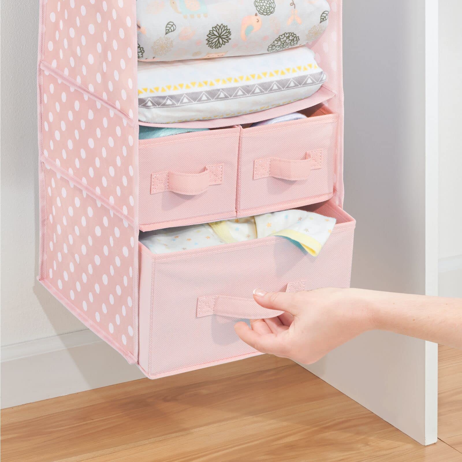 mDesign Fabric Hanging Closet Organizer with 7 Shelves & 3 Removable Drawers - Space Saving Storage for Baby Clothes, Toys & Accessories - Nursery & Bedroom Organization - Pink & White Polka Dot Pattern - Perfect for Small Spaces & Kids Room Storage
