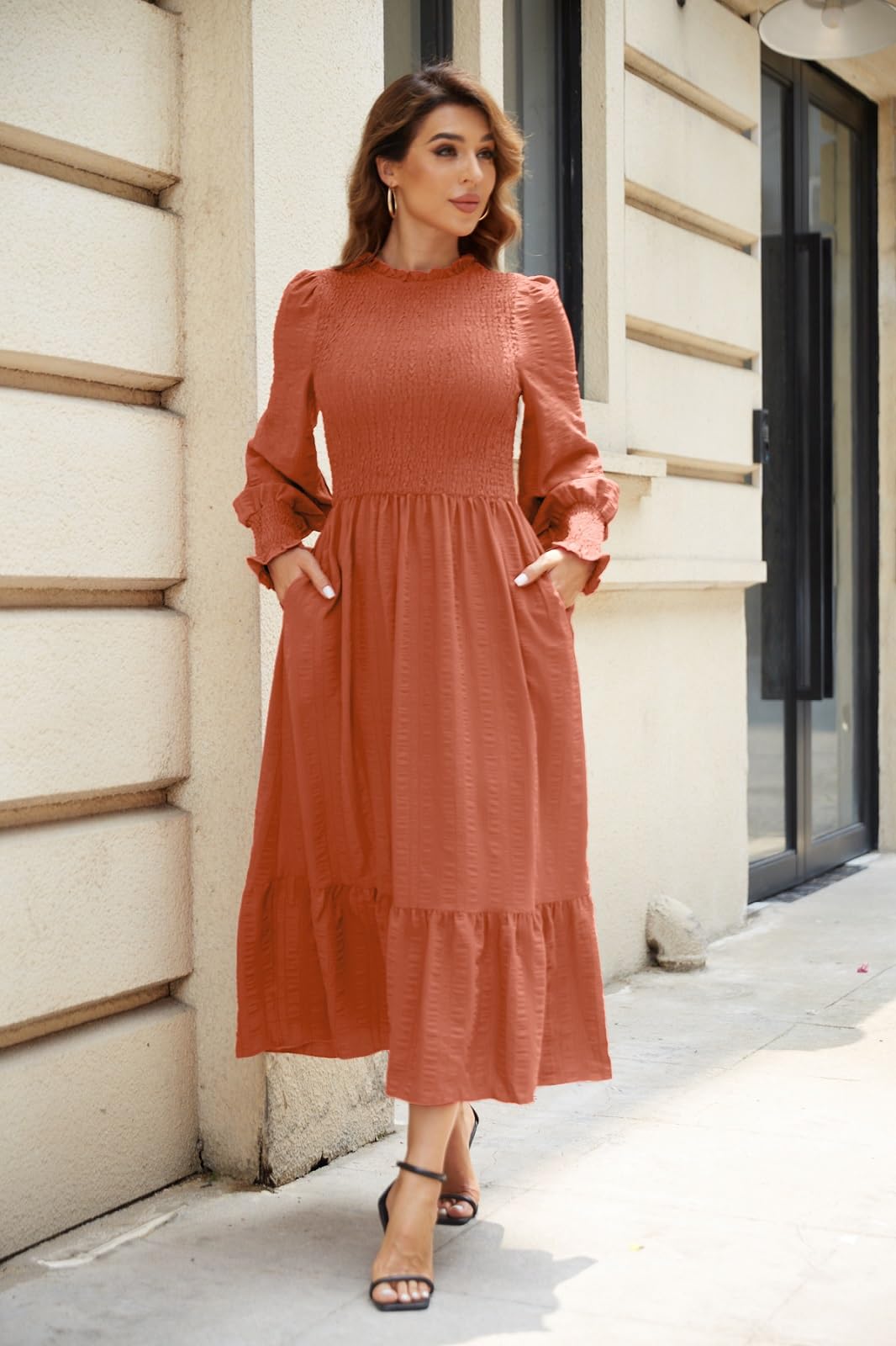 Women's 2025 Spring Fall Midi Dress - Casual Long Sleeve Crew Neck Smocked Tiered Flowy Dresses with Pockets | Perfect for Office, Date Night & Weekend Outings