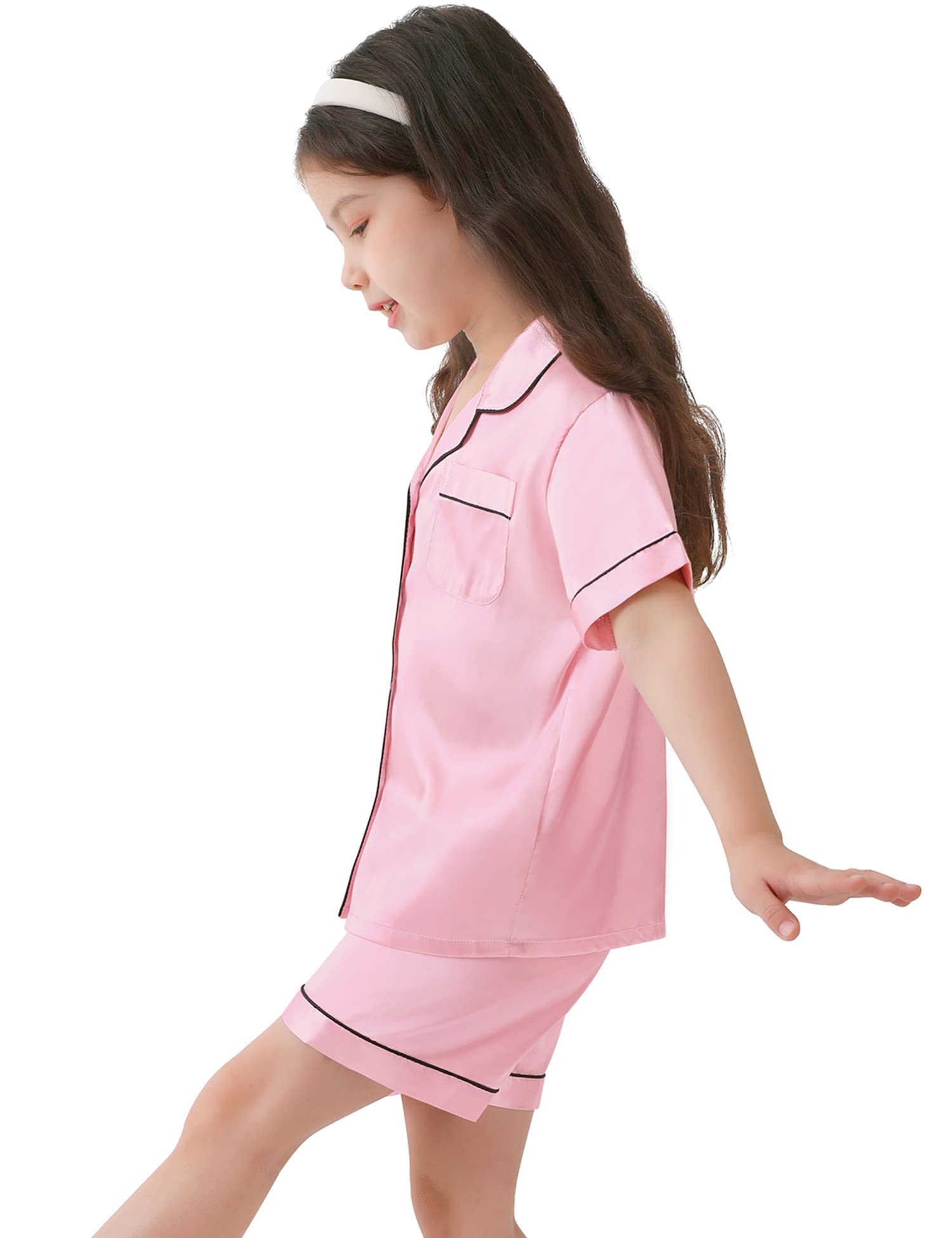 SWOMOG Kids Satin Pajama Set for Girls & Boys - Soft Button-Down Silk Pjs with Short Sleeves, 2-Piece Nightwear & Lounge Outfit - Perfect for Sleepovers, Bedtime & Relaxing at Home