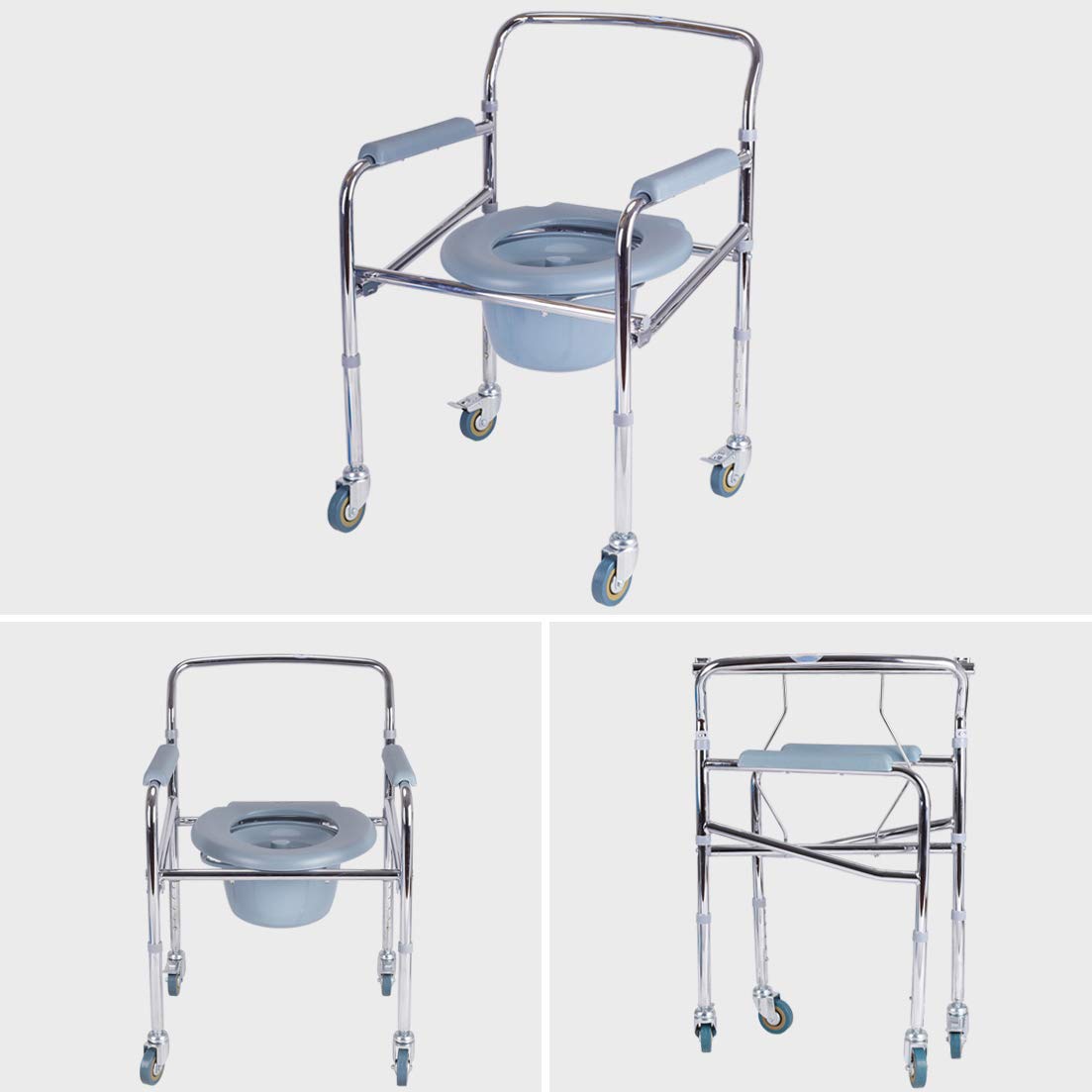 Aluminum Commode Chair with 4 Wheels - Portable Shower Toilet Chair for Elderly & Disabled, Adjustable Height Bathroom Safety Chair - Ideal for Home Care, Hospitals & Mobility Assistance