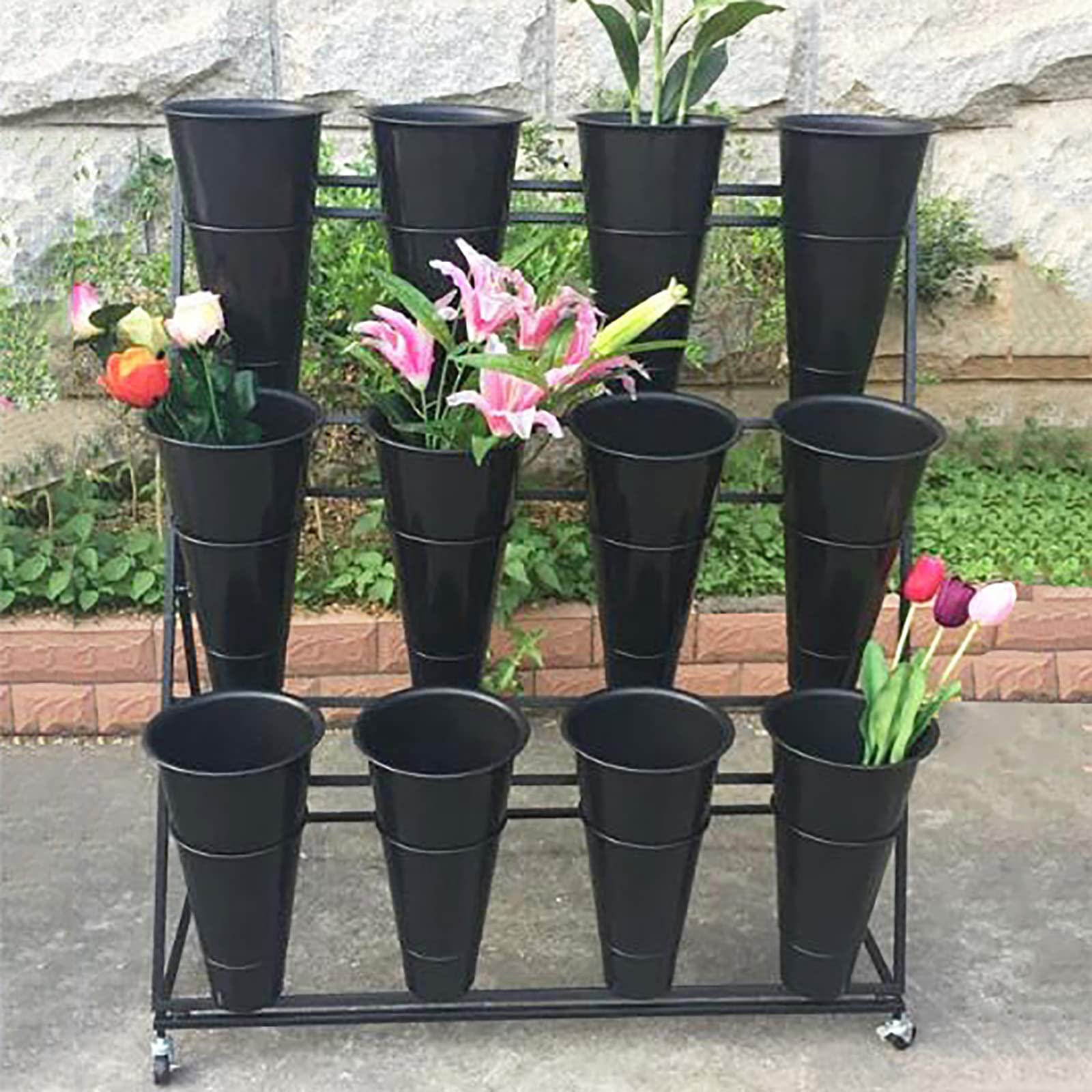 U&Q 3-Tier Metal Plant Stand with Wheels - Modern Indoor Outdoor Flower Display Shelf with Buckets for Home, Patio, Balcony - Black 100x50x110cm (39x20x43in) - Perfect for Decorating Living Rooms, Gardens & Office Spaces