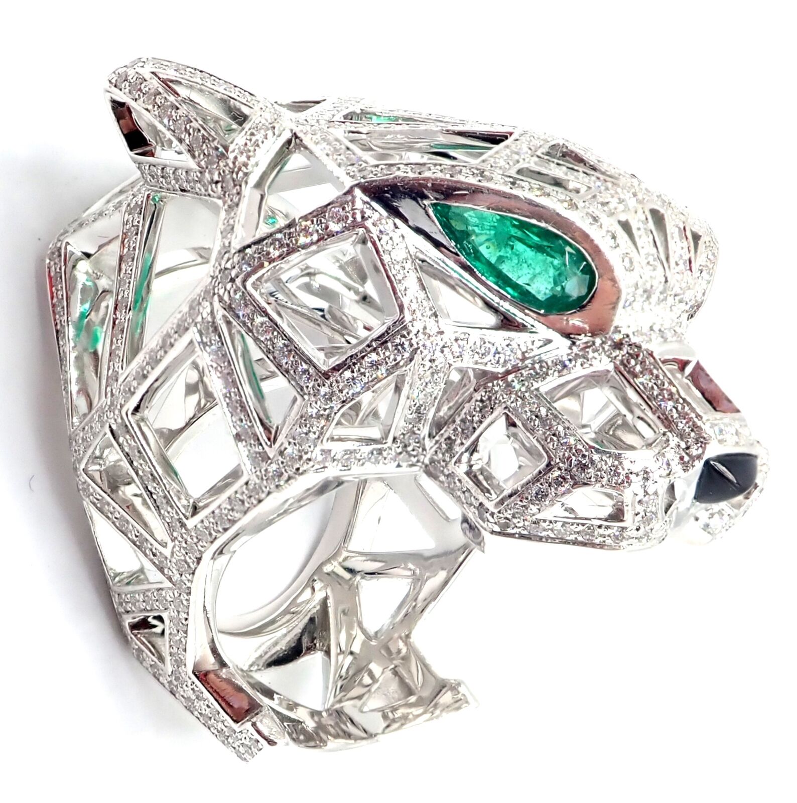 Cartier Panther Panthere 18k White Gold Emerald & Diamond Ring Size 54 - Luxury Jewelry for Women, Elegant Gift for Anniversary & Special Occasions