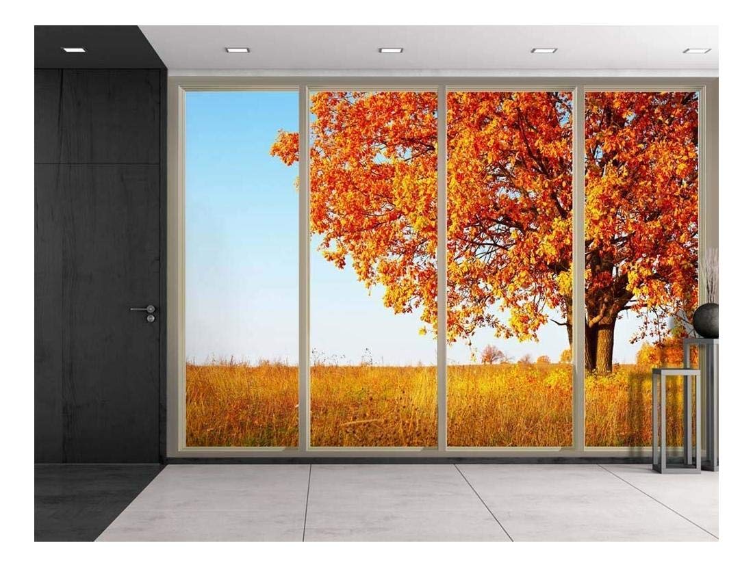 Wall26 - Orange Lone Tree Fall Landscape Mural on Yellow Field - Removable Peel and Stick Wallpaper for Living Room, Bedroom & Office Decor - 100x144 Inches - Perfect for Accent Walls, Home Staging & Interior Design