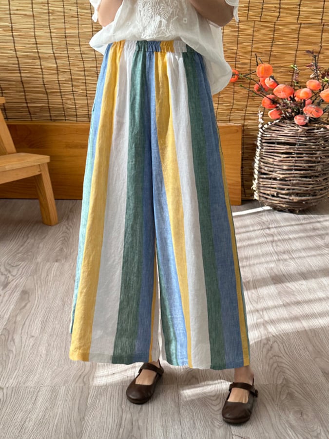 Lovevop Women's Cotton Colorful Stripe Contrast Wide Leg Pants - Comfortable High Waisted Lounge Trousers for Casual Wear & Summer Outfits