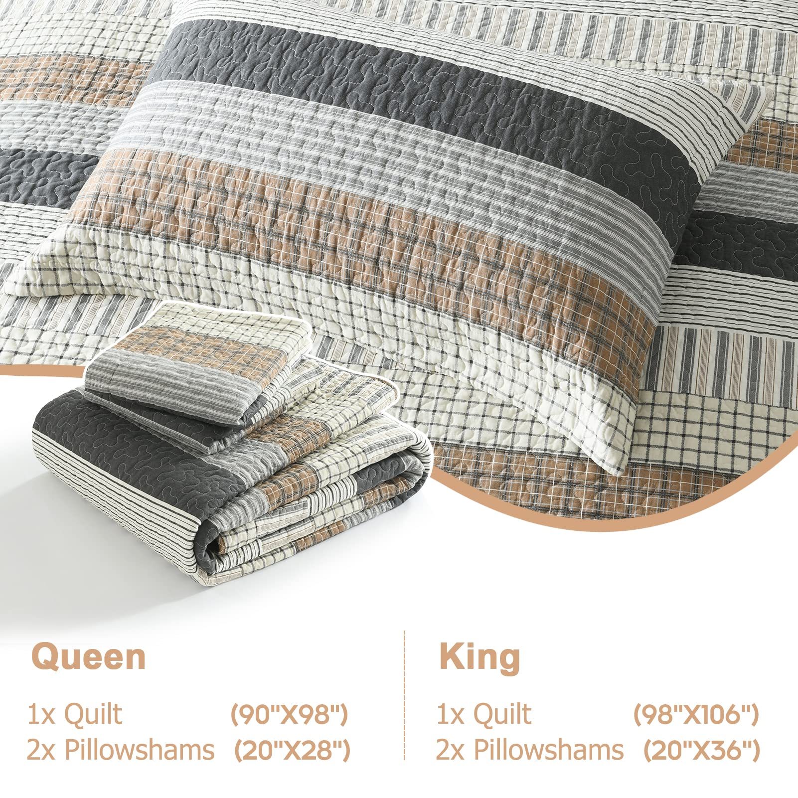 Finlonte King Size Quilt Set - 100% Cotton Reversible Lightweight Comforter, Grey Striped Farmhouse Bedding (3-Piece) - Perfect for All Seasons, Master Bedroom & Guest Room Decor