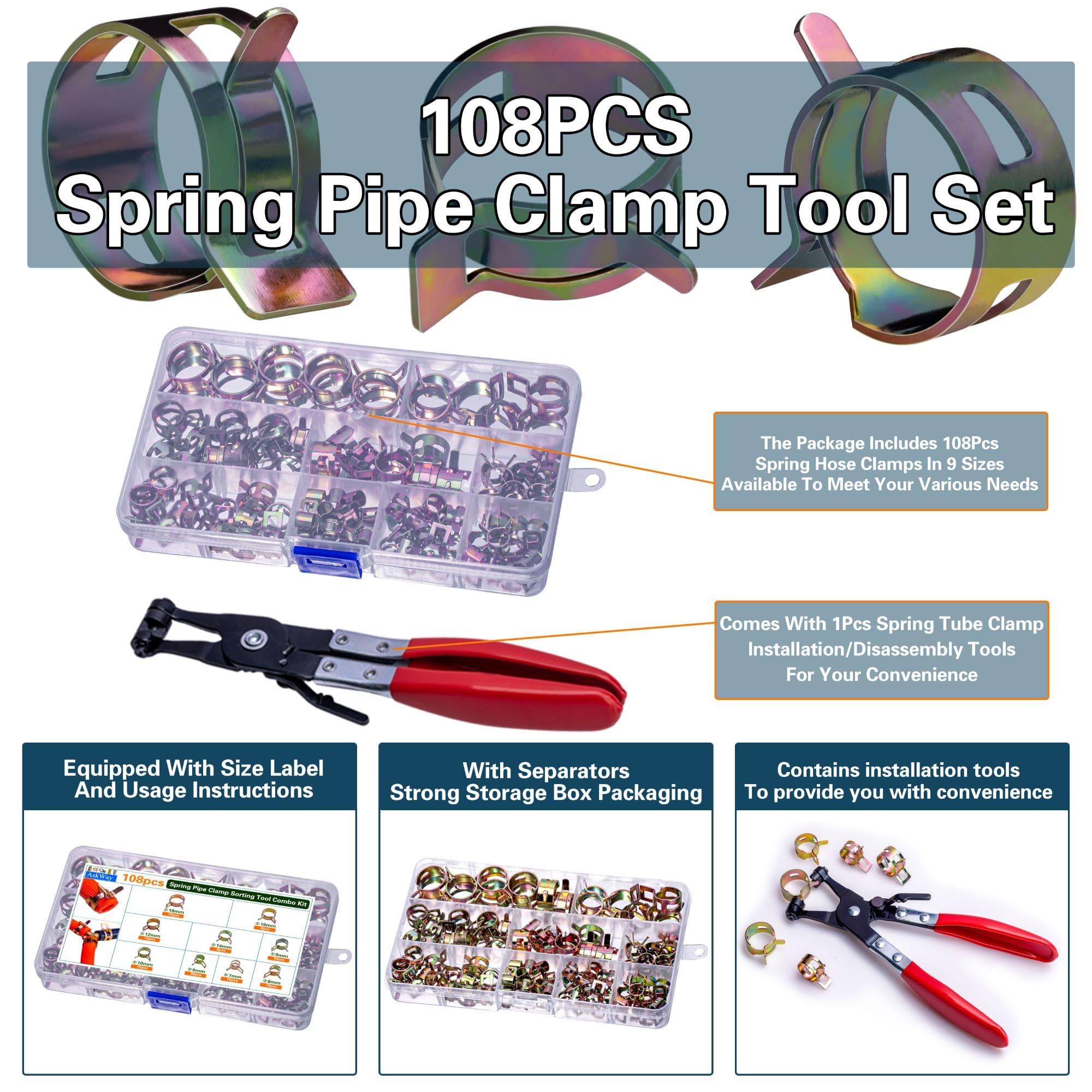 108pcs Spring Pipe Clamps Set with Installation Tool - 9 Sizes (6-18mm) for Automotive, Marine, Gardening & Industrial Use - Secure Hose Connections for Water, Fuel & Air Lines