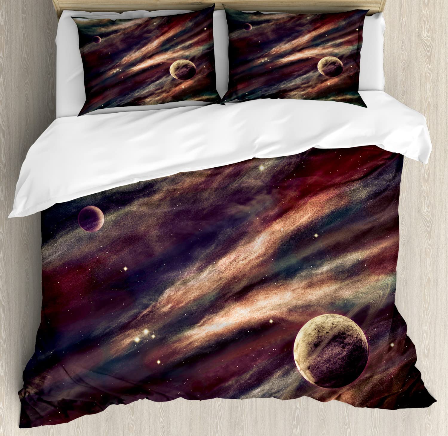 Ambesonne Outer Space Duvet Cover Set - Queen Size 2-Pack with 2 Duvet Covers & 4 Pillowcases | Galaxy Star Nebula Planet Design in Dried Rose Ivory | Perfect for Astronomy Lovers' Bedroom Decor & Sci-Fi Themed Rooms