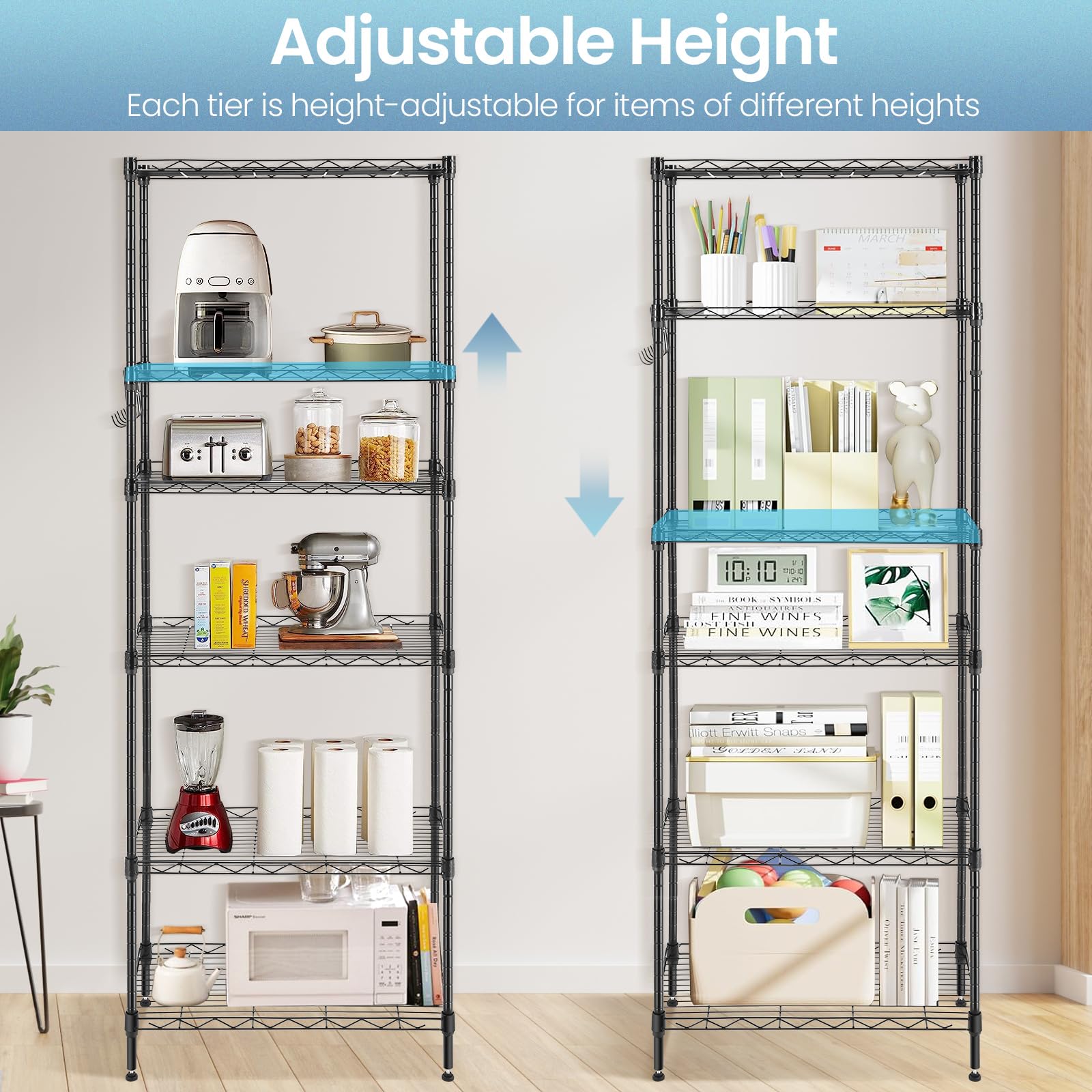 Himimi 6-Tier Adjustable Wire Storage Shelf - Free Standing Metal Shelving Unit with Leveling Feet & Stainless Hooks - Black (2-Pack) - Perfect for Laundry Room, Bathroom, Kitchen Pantry & Closet Organization