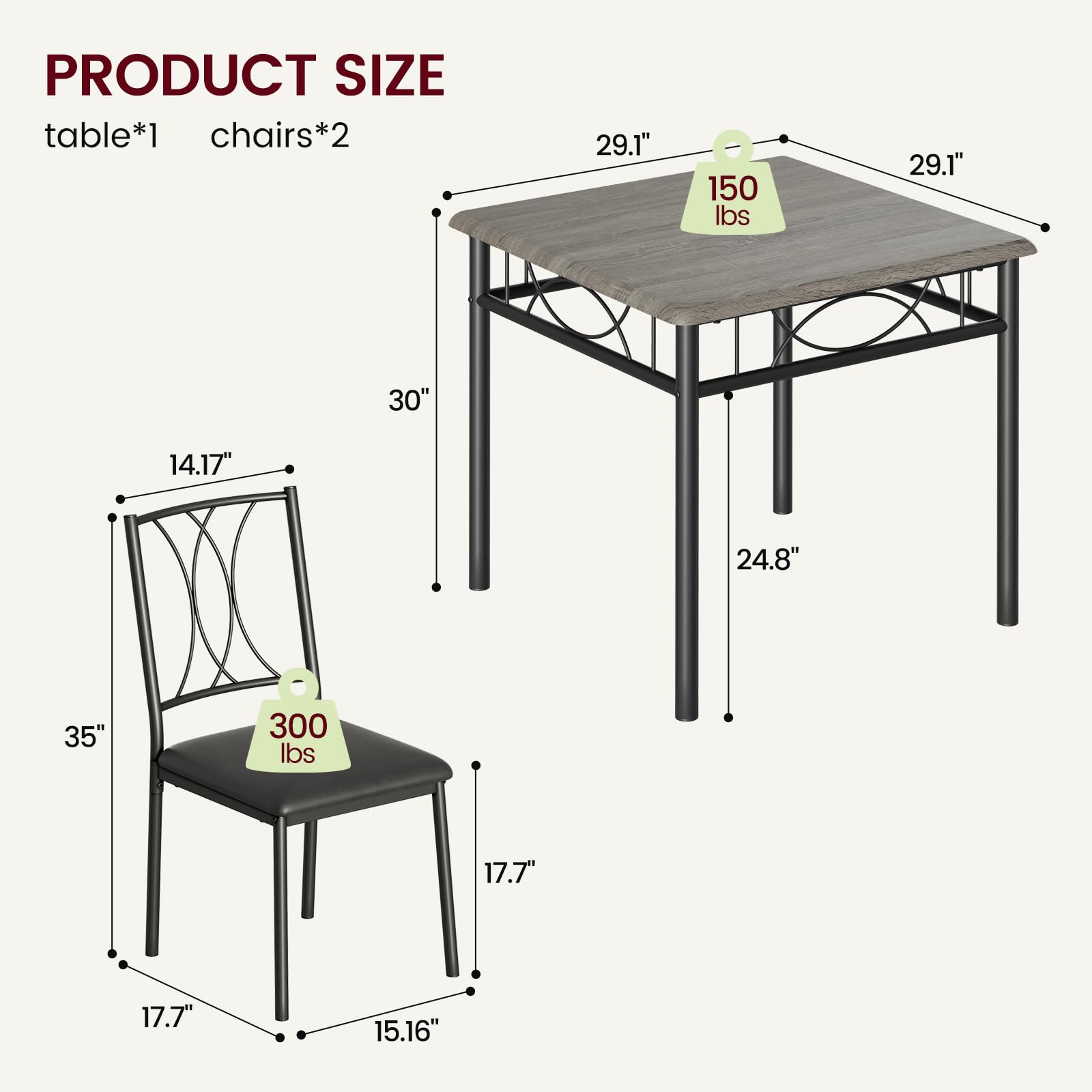 2-Piece Rustic Grey Square Dining Table Set with 2 Upholstered Chairs - Metal & Wood Kitchen Table for Small Spaces & Apartments - Perfect for Breakfast Nooks, Studio Dining, and Cozy Meals