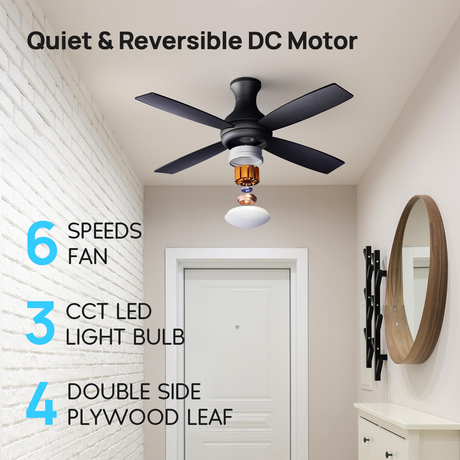 52 Inch Modern Black Ceiling Fan with Lights - Remote Control, Quiet Reversible DC Motor, Flush Mount, Dimmable 3CCT LED Light, Double Finish Blades - Perfect for Bedroom, Living Room, Office & Indoor Spaces