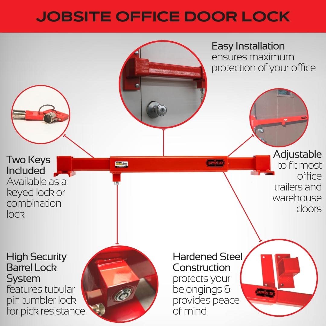 JODL Steel Job Site Door Lock - Heavy Duty Universal Theft Protection Security Bar Lock for Office Trailers, Warehouse & Exterior Doors - Adjustable Red Security Equipment (Perfect for Construction Sites, Storage Facilities & Temporary Buildings)