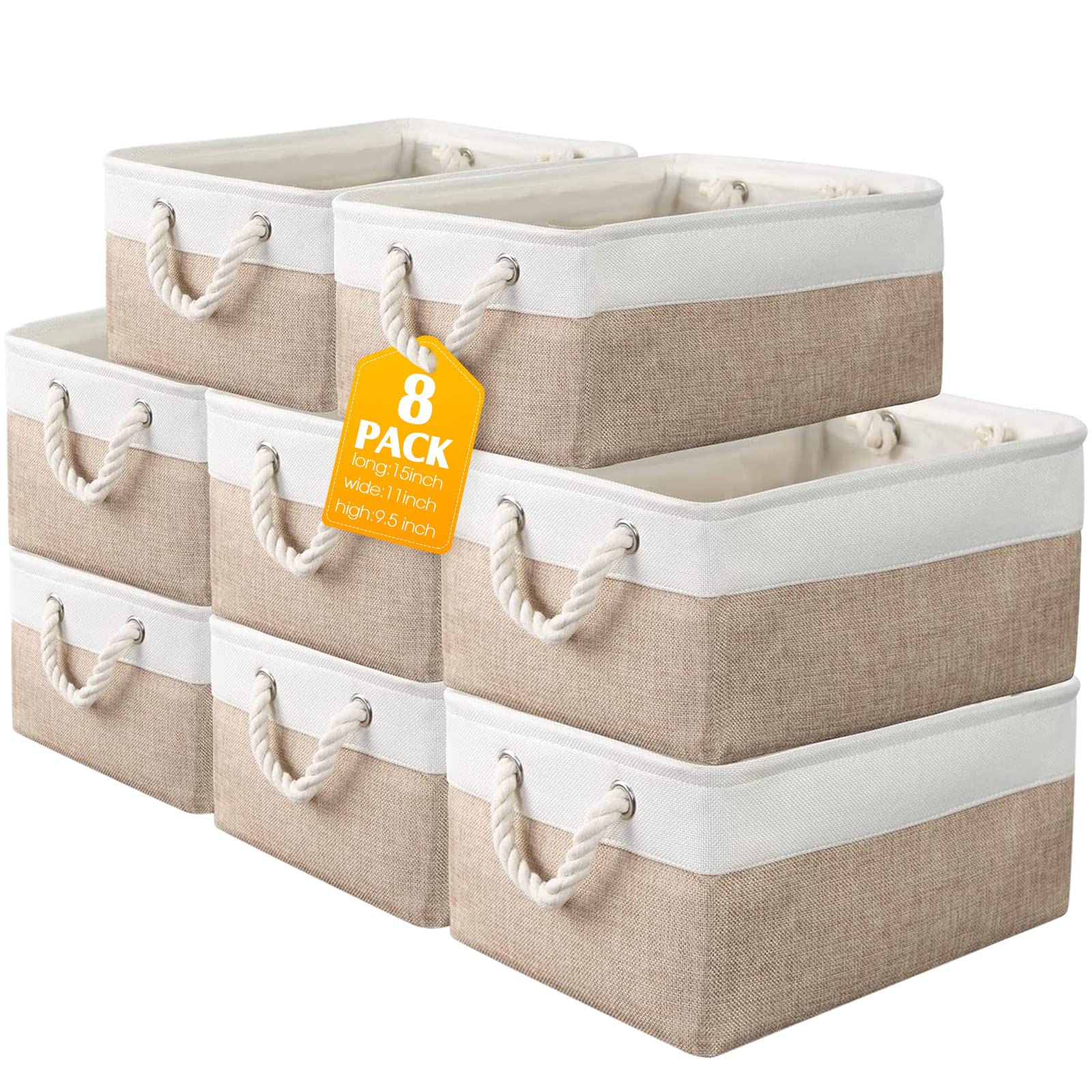 8 Pack Collapsible Storage Bins - Foldable Fabric Organizer Baskets with Handles for Home, Closet, Shelf & Toy Storage - 15 x 11 x 9.5 Inch Beige Polyester Bins - Perfect for Organizing Towels, Blankets, Kids Toys & Bedroom Essentials