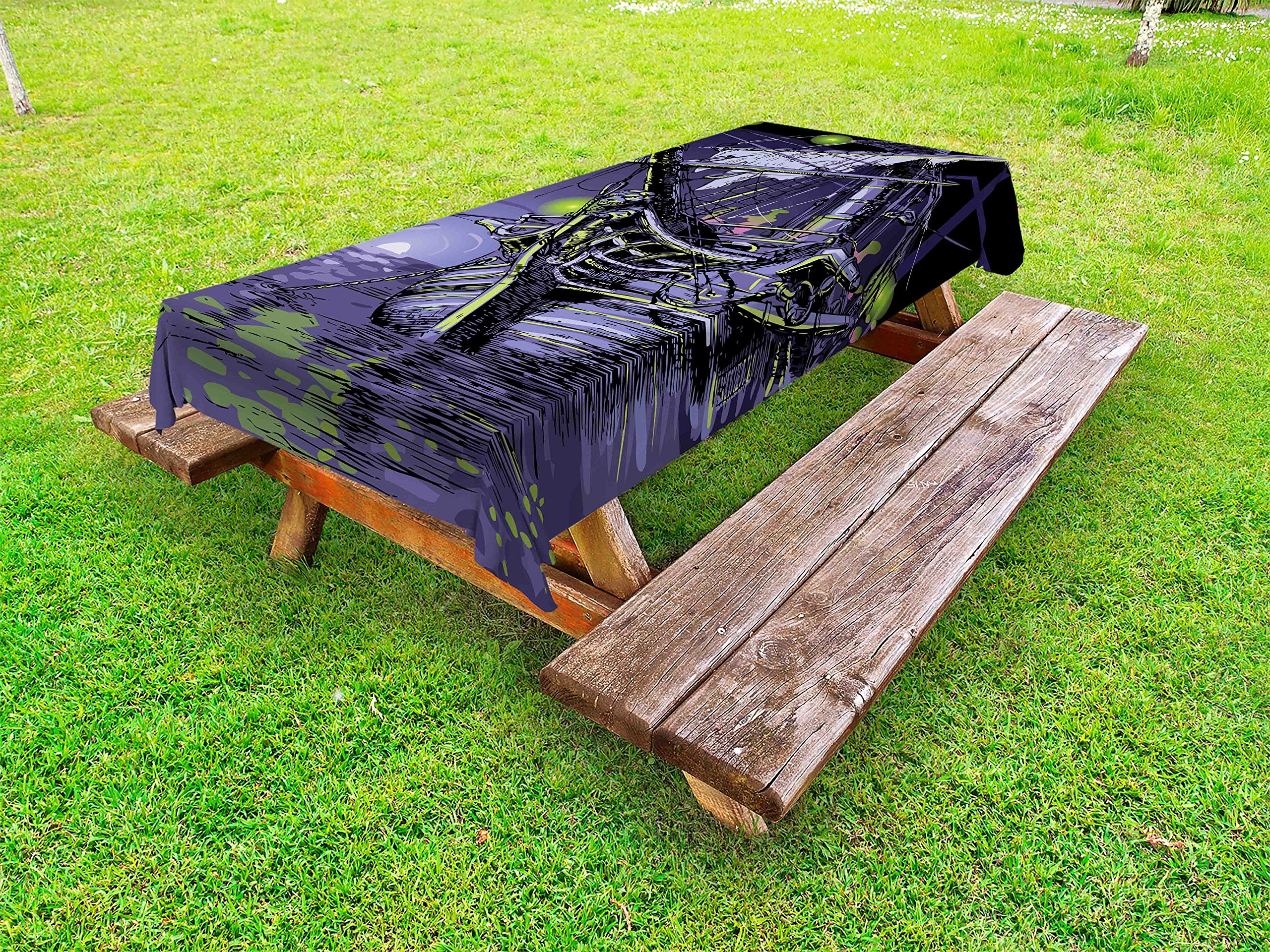 Ambesonne Pirate Ship Waterproof Outdoor Tablecloth - Ghost Ship Fantasy Caribbean Ocean Adventure Design, Haunted Vessel Themed Washable Picnic Table Cover 58x120 Inches Purple & Lime Green - Perfect for Halloween Parties, Pirate Themed Events, and Beach Picnics