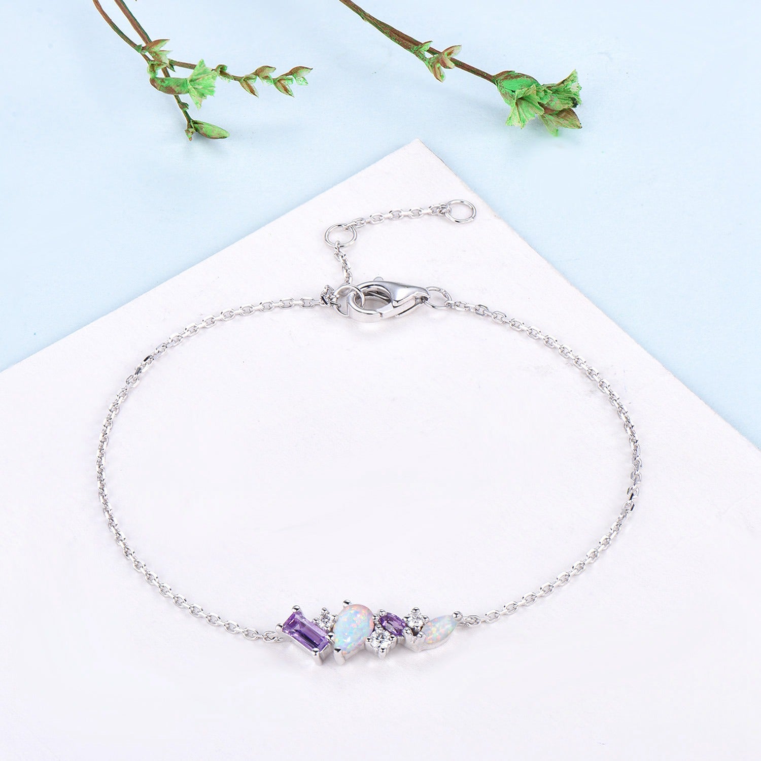 Elegant Pear-Shaped White Opal Bracelet with Multi-Stone Baguette Amethyst & Moissanite - Silver & Gold Art Deco Jewelry for Anniversary Gift | Perfect for Weddings, Parties & Special Occasions