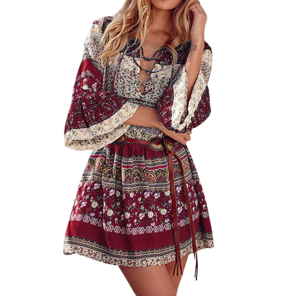 Boho Floral Print Bell Sleeve Mini Dress for Women - Plus Size Loose Fit with Crisscross Straps & Belt | Perfect for Summer Vacations, Beach Parties and Casual Outings