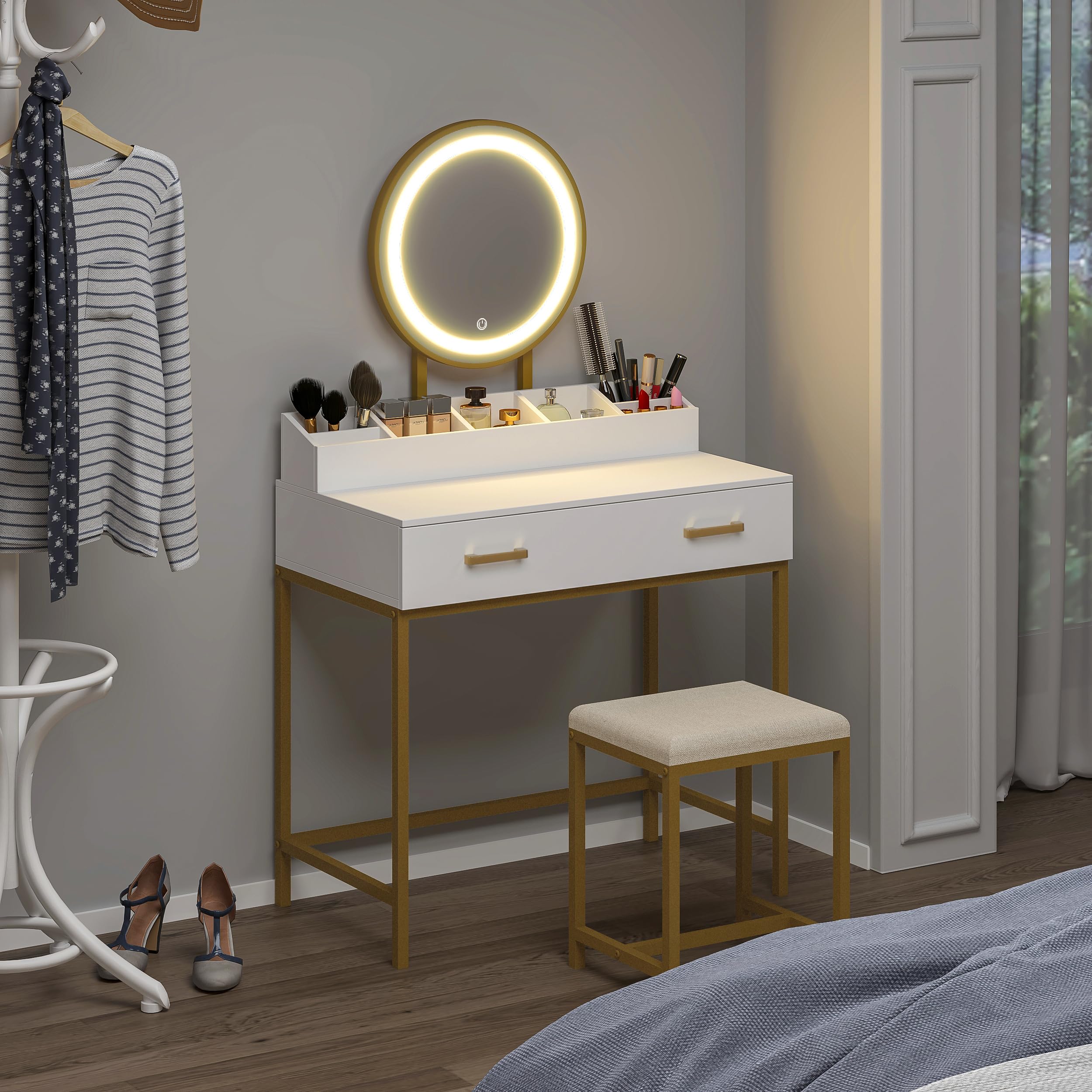 UTEX Makeup Vanity Desk with LED Mirror & 3 Lighting Modes, White and Gold Dressing Table with Drawers & Cushioned Stool - Perfect for Bedroom, Beauty Salon & Home Decor