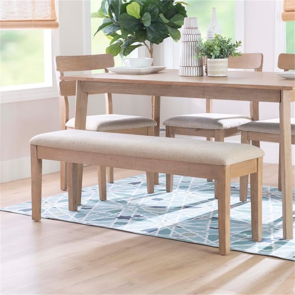 Linon Miles Solid Wood Bench with Padded Seat - Light Beige, Natural Lacquer Finish | Perfect for Entryway, Bedroom, or Garden Seating
