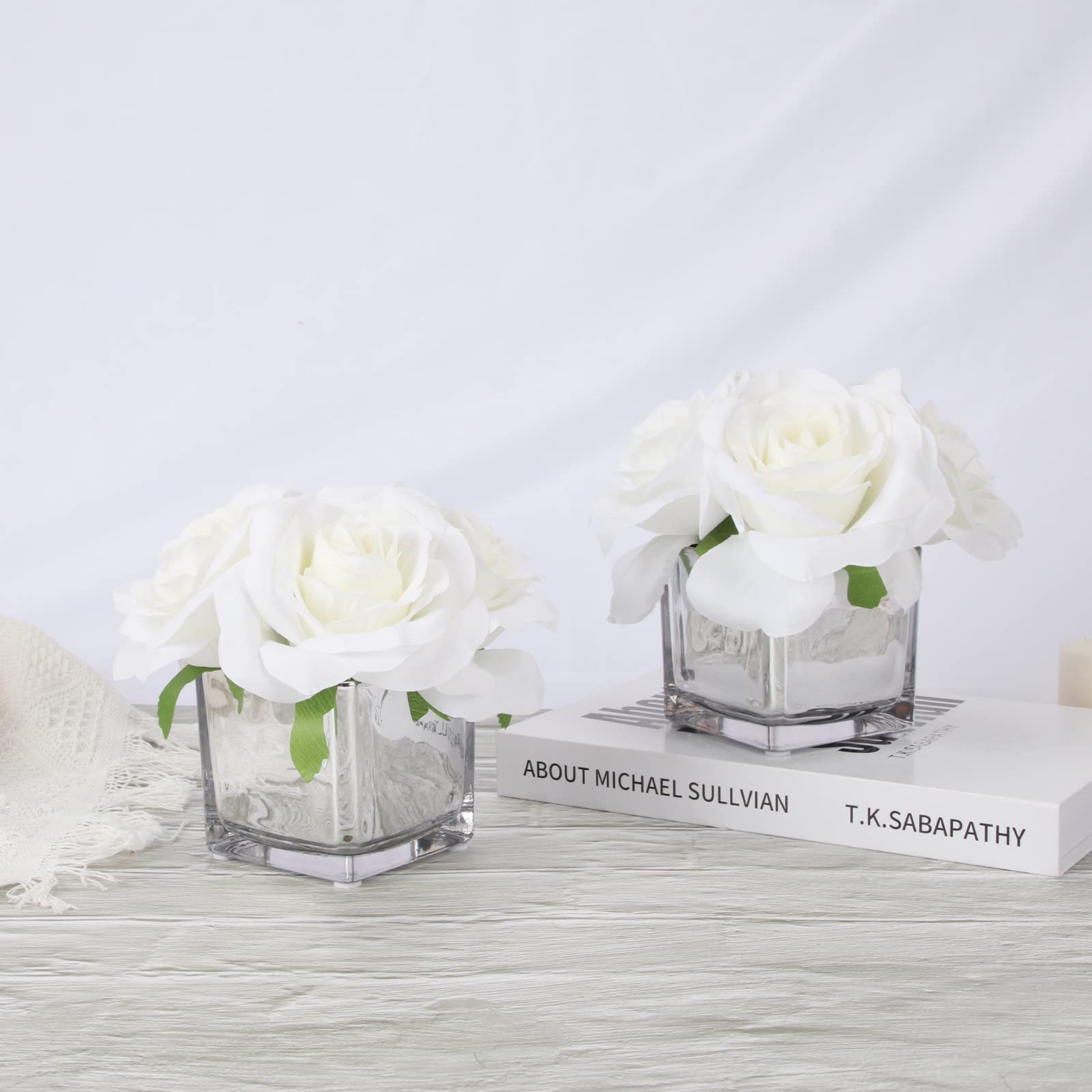 Nisoger 2 Pack Artificial Silk Roses in Vase - Realistic Fake Flower Arrangement for Home Office Decor, Dining Table Centerpiece, Wedding & Party Decoration