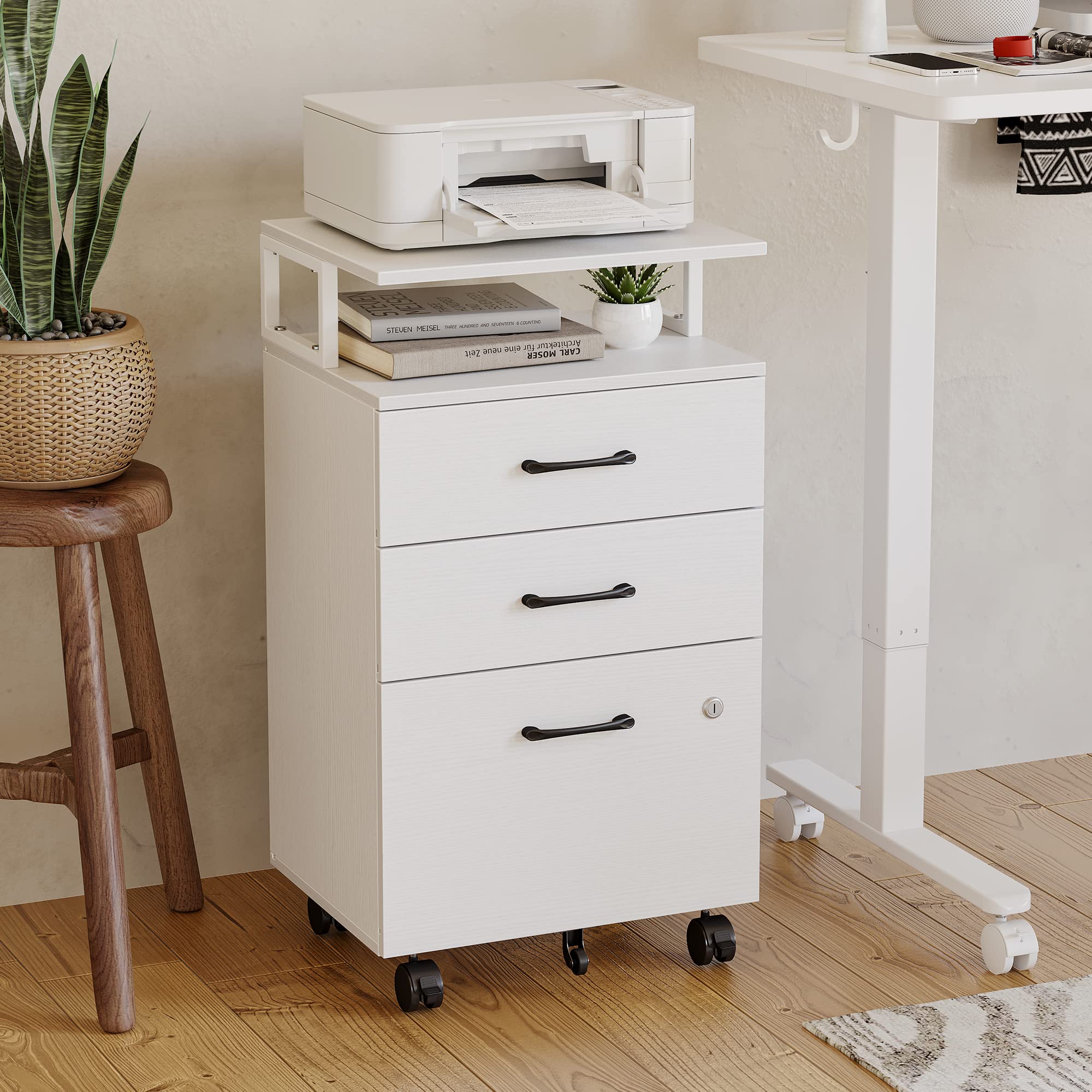 FEZIBO 3-Drawer Locking File Cabinet with Wheels - Home Office Storage for A4, Letter & Legal Documents - White Wooden Printer Stand & Rolling File Organizer - Perfect for Small Spaces & Workspace Organization