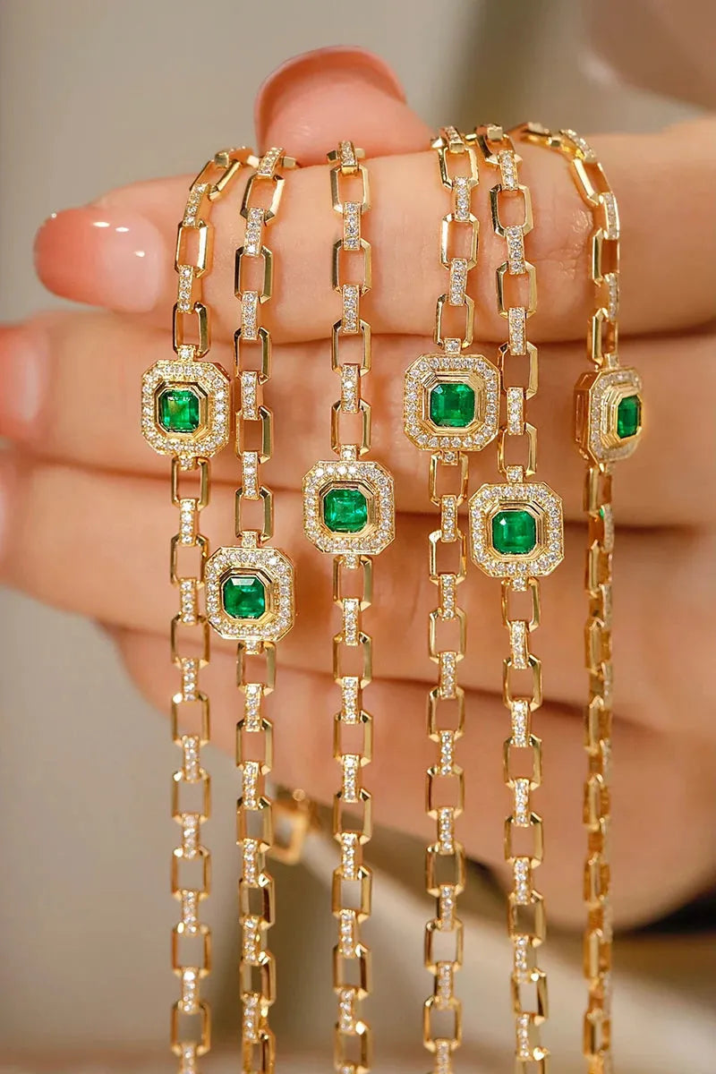 18K Yellow Gold Emerald and Diamond Bracelet for Women - Luxury Elegant Real Natural Gemstone Jewelry - Perfect for Wedding, Party, Anniversary and Special Occasions