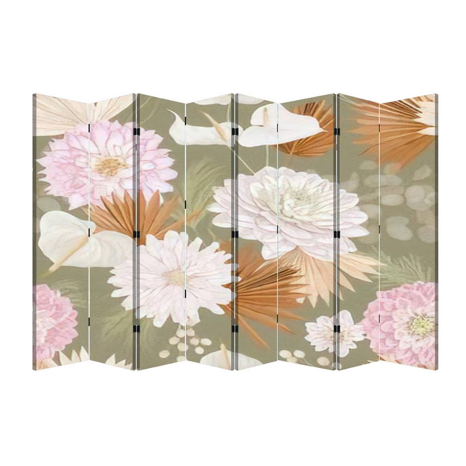 8 Panel Folding Room Divider - Tropical Dahlia Flower & Palm Leaves Design for Privacy | Portable Freestanding Screen for Home, Office, Bedroom | Perfect for Creating Separate Spaces in Living Rooms, Studios, or Dorms