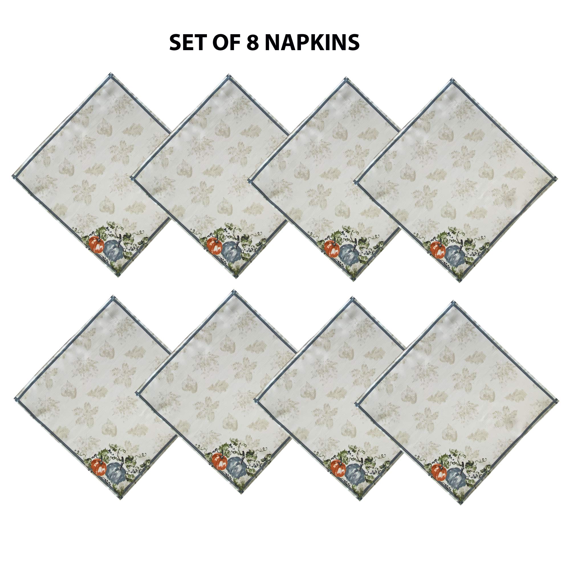 Premium Stone Washed Blue Pumpkin Vines Fabric Napkin Set - Set of 8 Elegant Bordered Napkins for Thanksgiving, Fall Decor, and Seasonal Table Setting