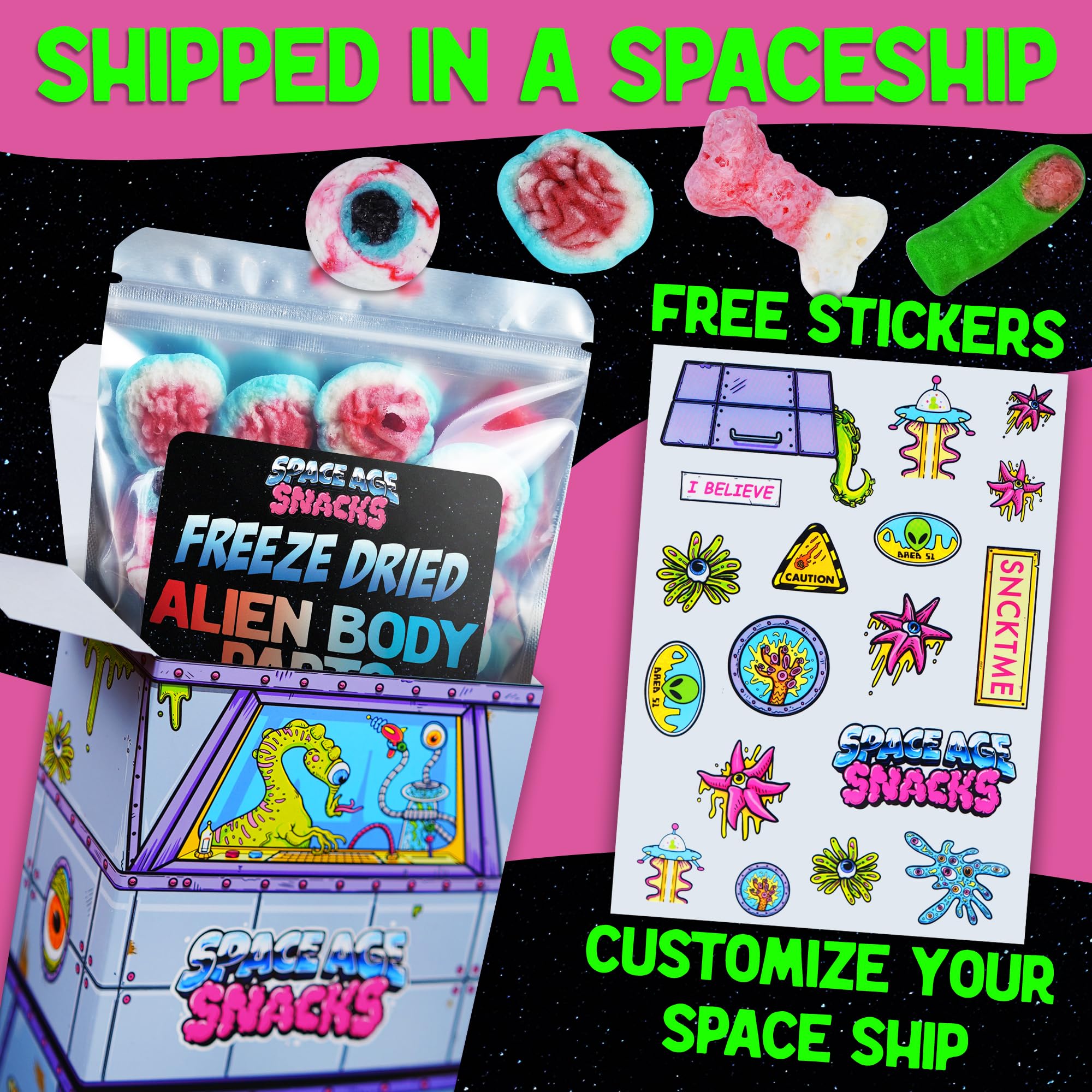 Premium Freeze Dried Alien-Themed Candy - Brains, Eyeballs, Fingers & Bones (4oz) | Space Ship Packaging with Protective Box & Fun Stickers | Perfect for Halloween, Cosplay, Sci-Fi Parties & Unique Gifts