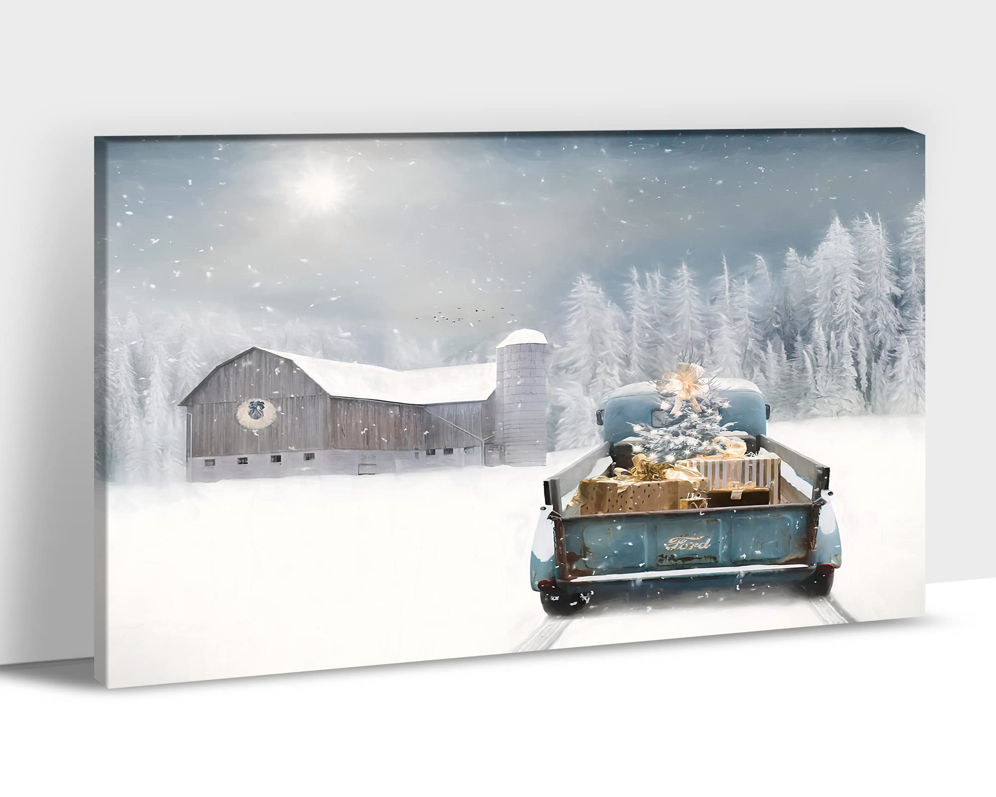 Farmhouse Winter Wall Art - Blue Truck & Barn Canvas Print, Rustic Christmas Decor, 32x48 Inch Framed Picture for Living Room, Bedroom & Office Wall Decor