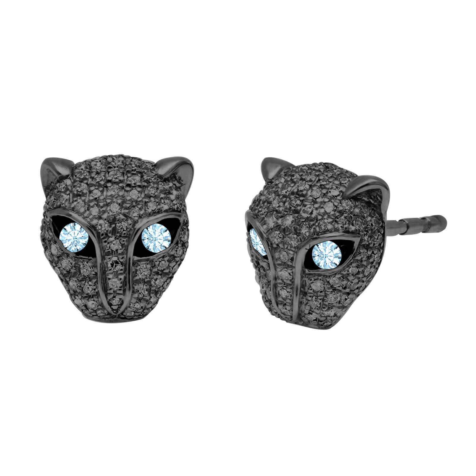14K Gold Over 925 Sterling Silver Round Blue Aquamarine & Diamond Panther Stud Earrings for Women & Girls | Elegant Jewelry Gift for Birthday, Anniversary & Special Occasions